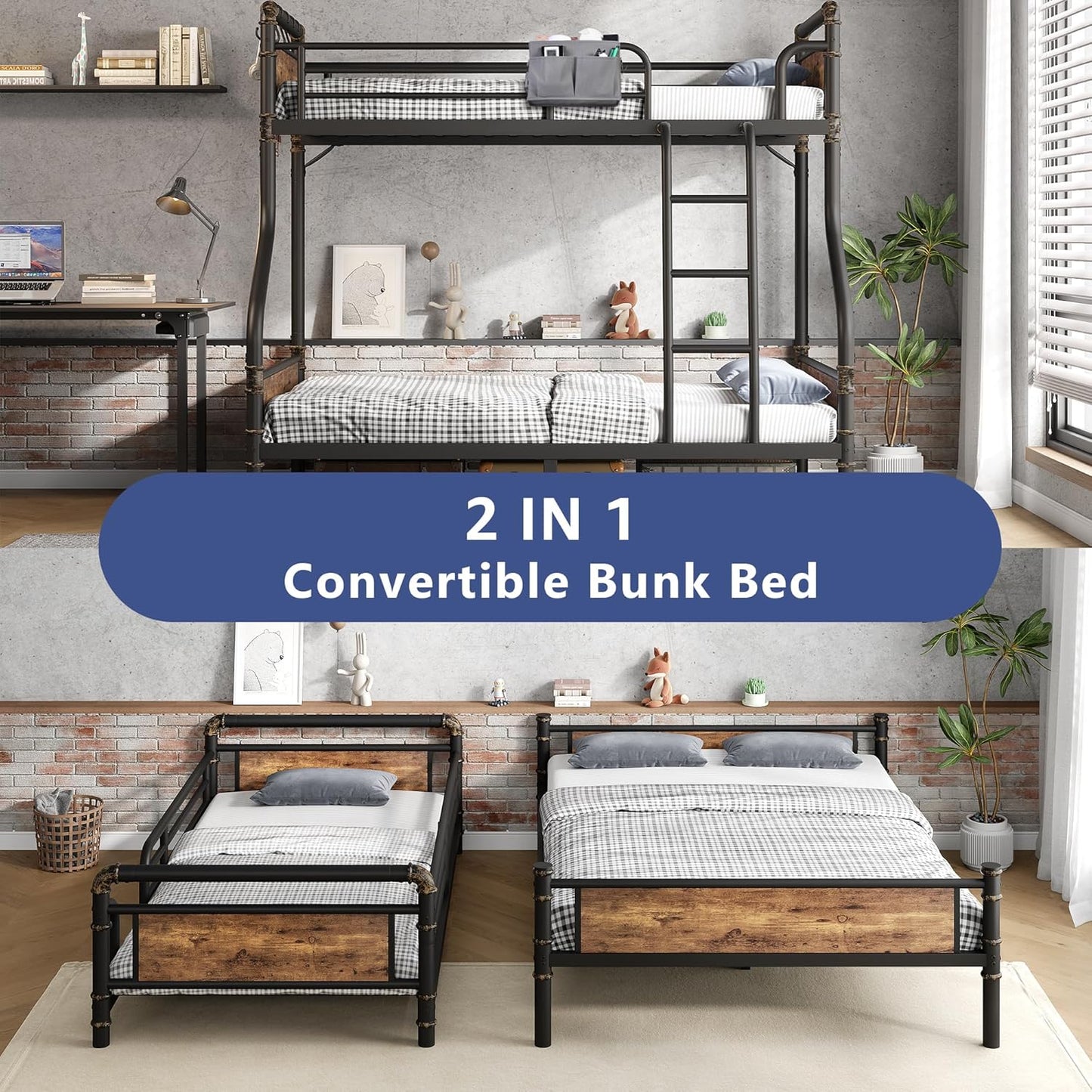Metal Bunk Bed Twin Over Full, Industrial Bunkbeds Heavy Duty Bed with Safety Guard Rails and Space-Saving Design, Steel Bed for School, Bedroom (Vintage Brown)