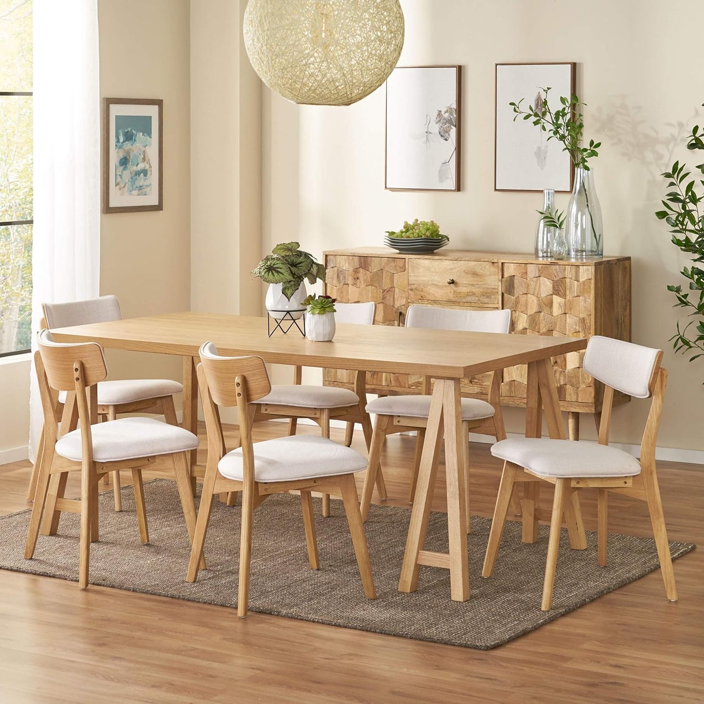Christopher Knight Home Abraham Mid-Century Modern 7 Piece Dining Set with A-Frame Table, Light Beige + Natural Oak