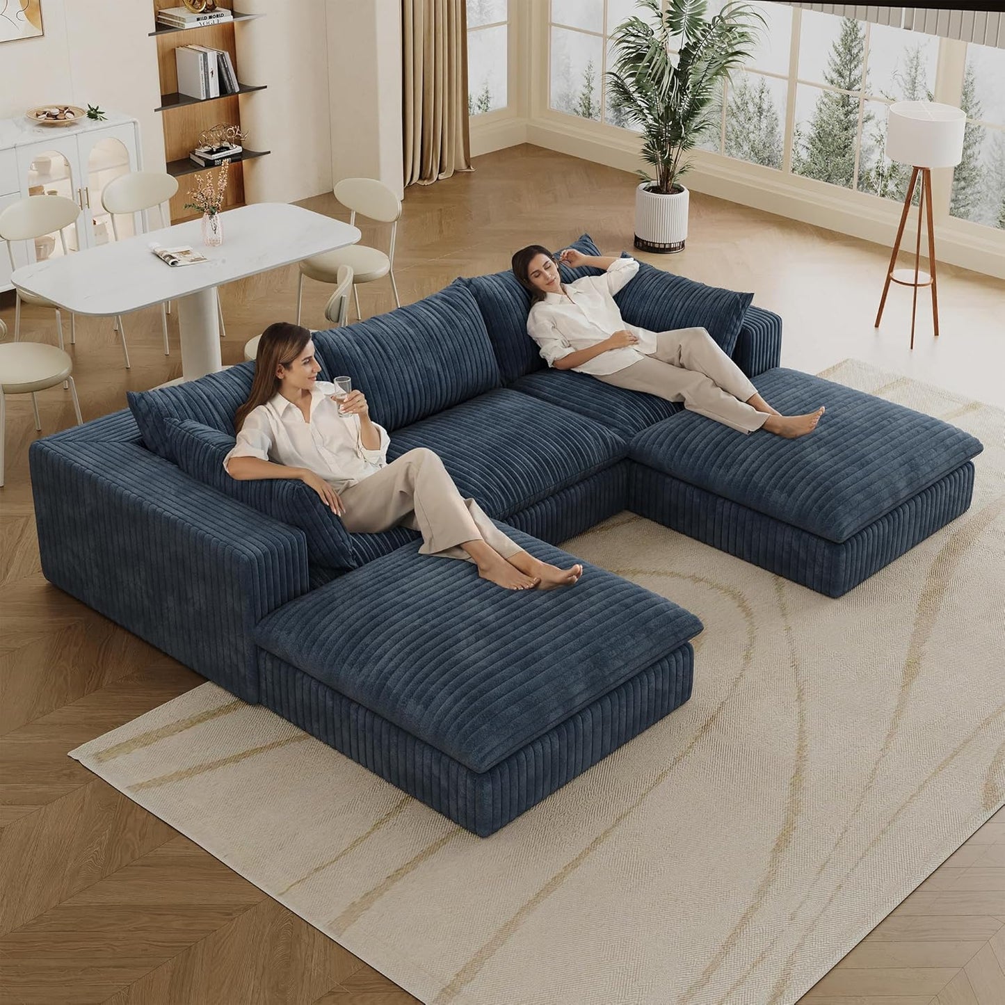 Down Filled Boneless Sectional Sofa Cloud Couch with Movable Ottomans, 118 inch Convertible U Shaped Lounge Couch w/Deep Seat, Fluffy Corduroy Upholstered Compress Modular Sofa