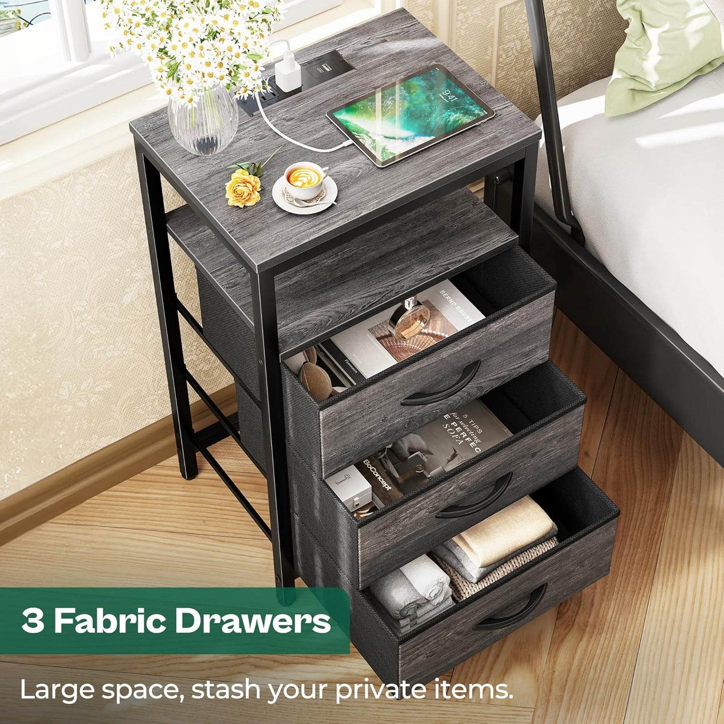 Huuger Nightstand with Charging Station, 27.6 Inch End Table Bedside Table with USB Ports and Outlets, Night Stand for Bedroom, Fabric Drawers, Grey