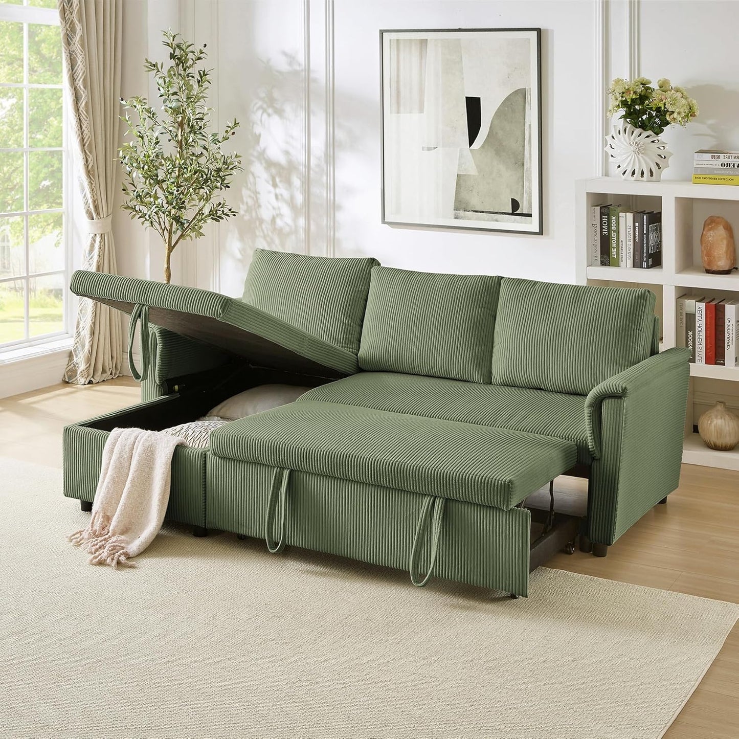 Ball & Cast Reversible Sectional Sofa Couch,L-Shape Sleeper Sofa Bed with Storage Chaise Pull Out Couch for Living Room | Hidden Storage | Pull Out Bed | Removable Backrest | Corduroy Fabric,Green