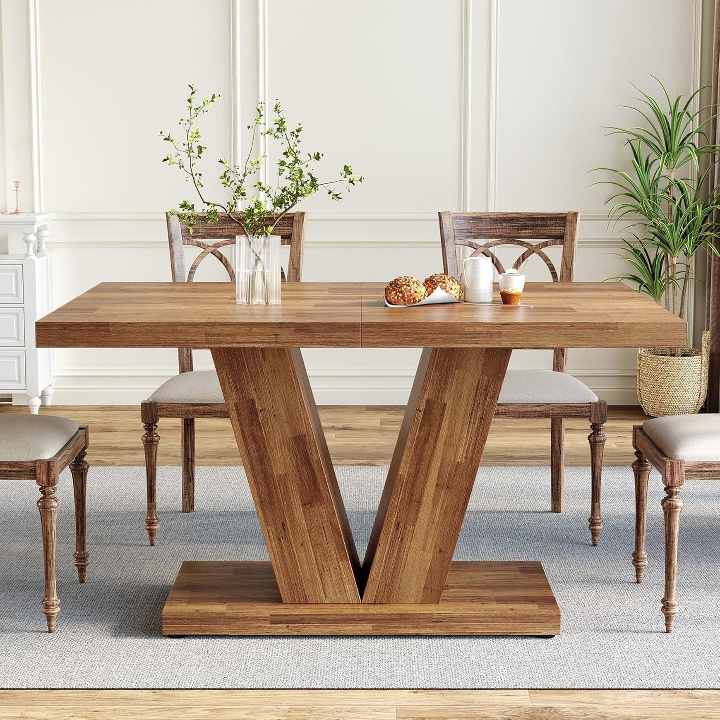 LITTLE TREE 47 Inches Dining Table for 4, Modern Dining Room Tables, Brown Rectangle Kitchen Table with V-Shaped Pedestal, Wooden Dinner Table for Dining Room, Living Room