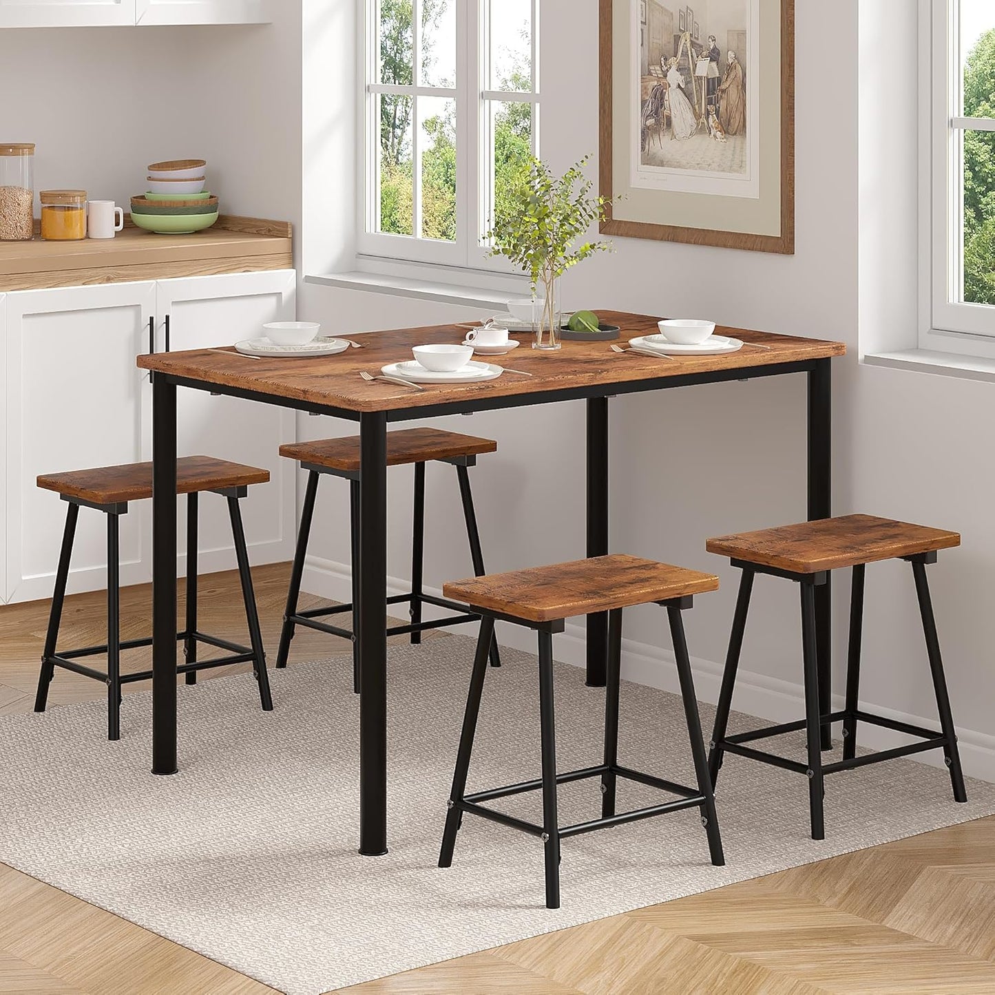 VECELO Kitchen Table and Chairs for 4, Dining Room Set with Chairs/Stools, Heavy-Duty Metal Frame with Wooden Tabletop for Small Spaces, Easy Assembly, Antique Brown