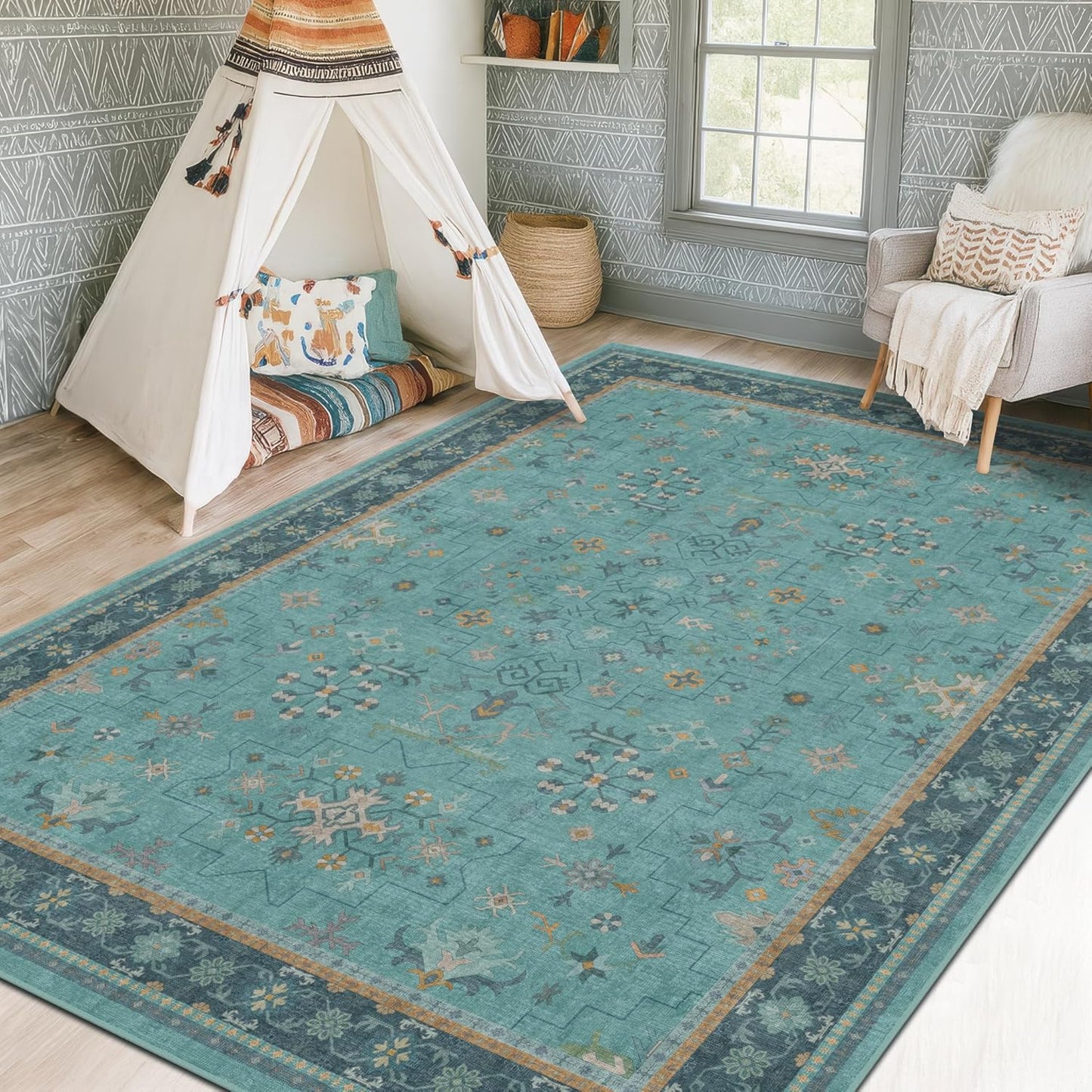 5x7 Teal Rug for Living Room, Boho Turquoise Rugs for Bedroom, Modern Eclectic Low-Pile Carpet for Dining Table, Washable Non-Slip with Rubber Back