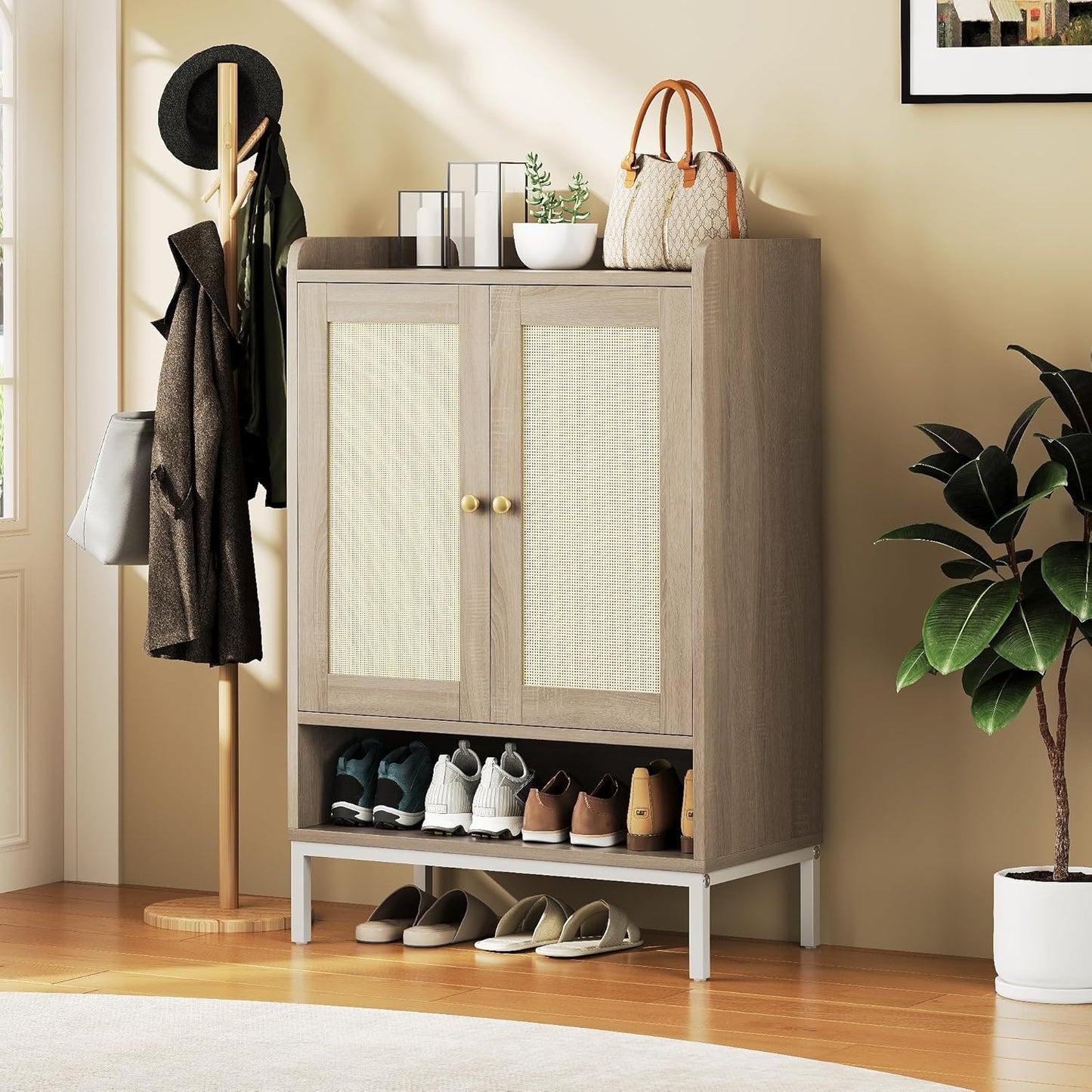 Rattan Shoe Cabinet Storage for Entryway, Shoe Cabinet with Adjustable Shelves for Entryway, 5-Tier, 20 Pair Shoe Rack Storage for Hallway, Closet, Living Room, Natural