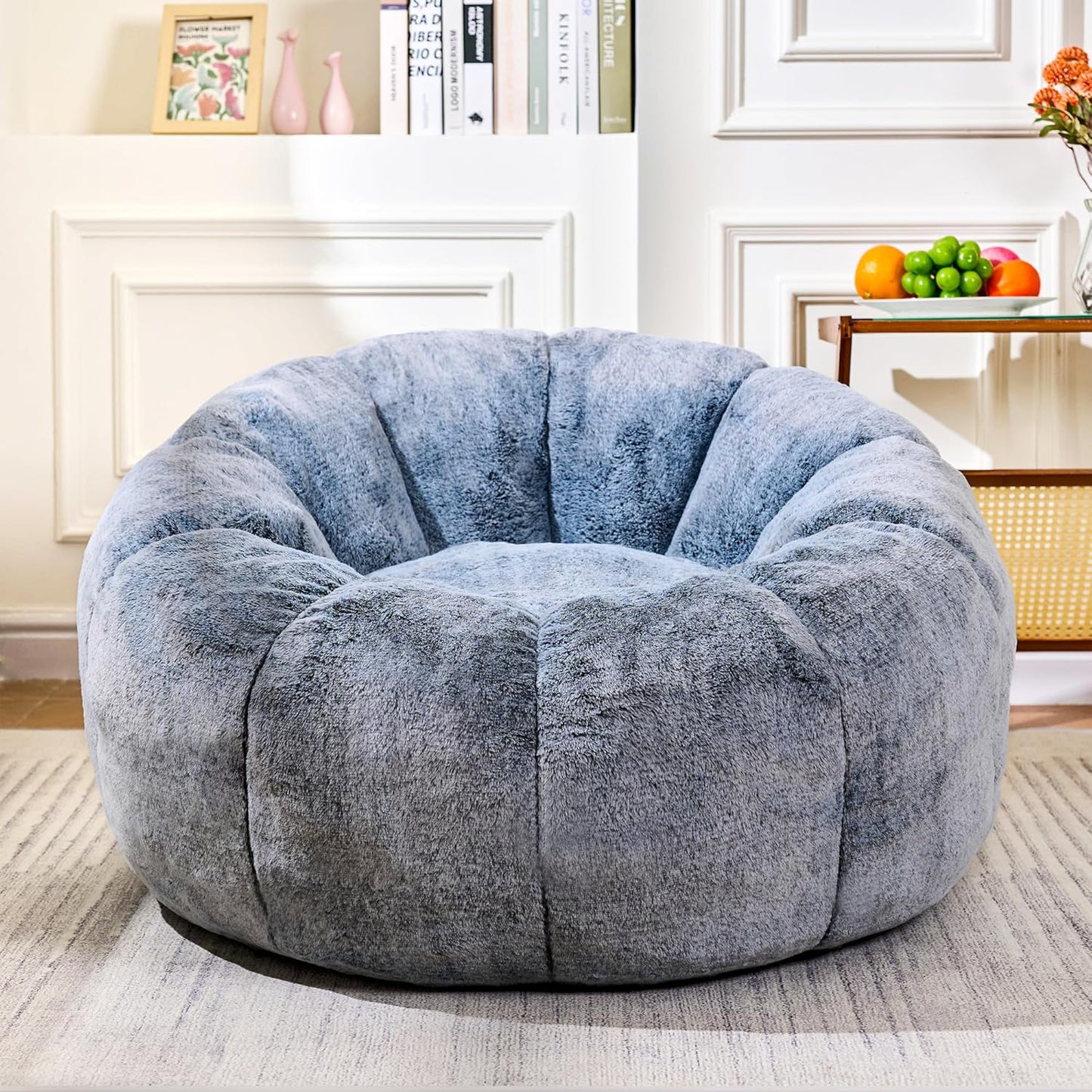 Bean Bag Chair with Filler, Faux Fur Comfy Chair with Petal Armrest Fluffy Lounge Chair for Bedroom, Living Room, Dorm, Game - Grey, Large, Low Support