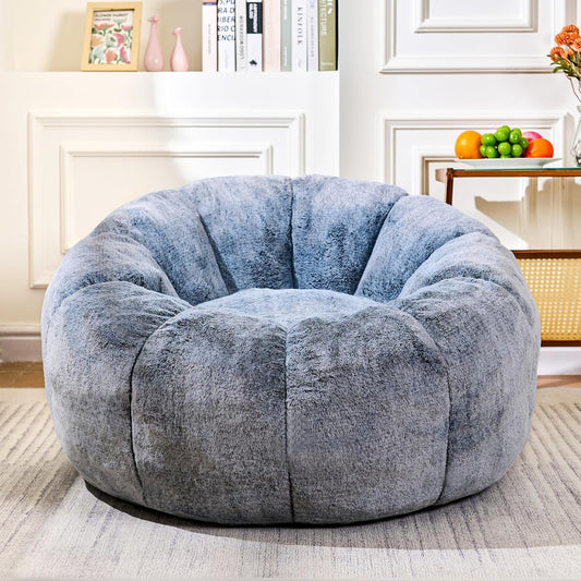 Bean Bag Chair with Filler, Faux Fur Comfy Chair with Petal Armrest Fluffy Lounge Chair for Bedroom, Living Room, Dorm, Game - Grey, Large, Low Support