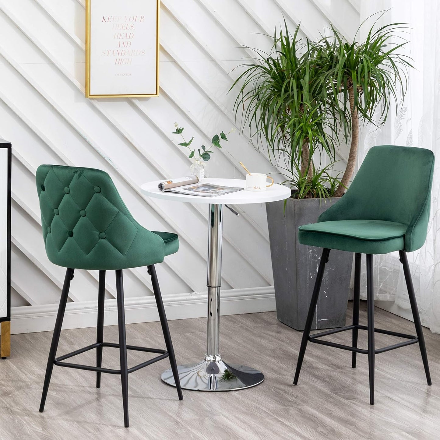 BTEXPERT Set of 2 Pack, Premium upholstered Dining 25" High Back Stool Bar Chairs, Green Velvet Tuftet Diamond Back