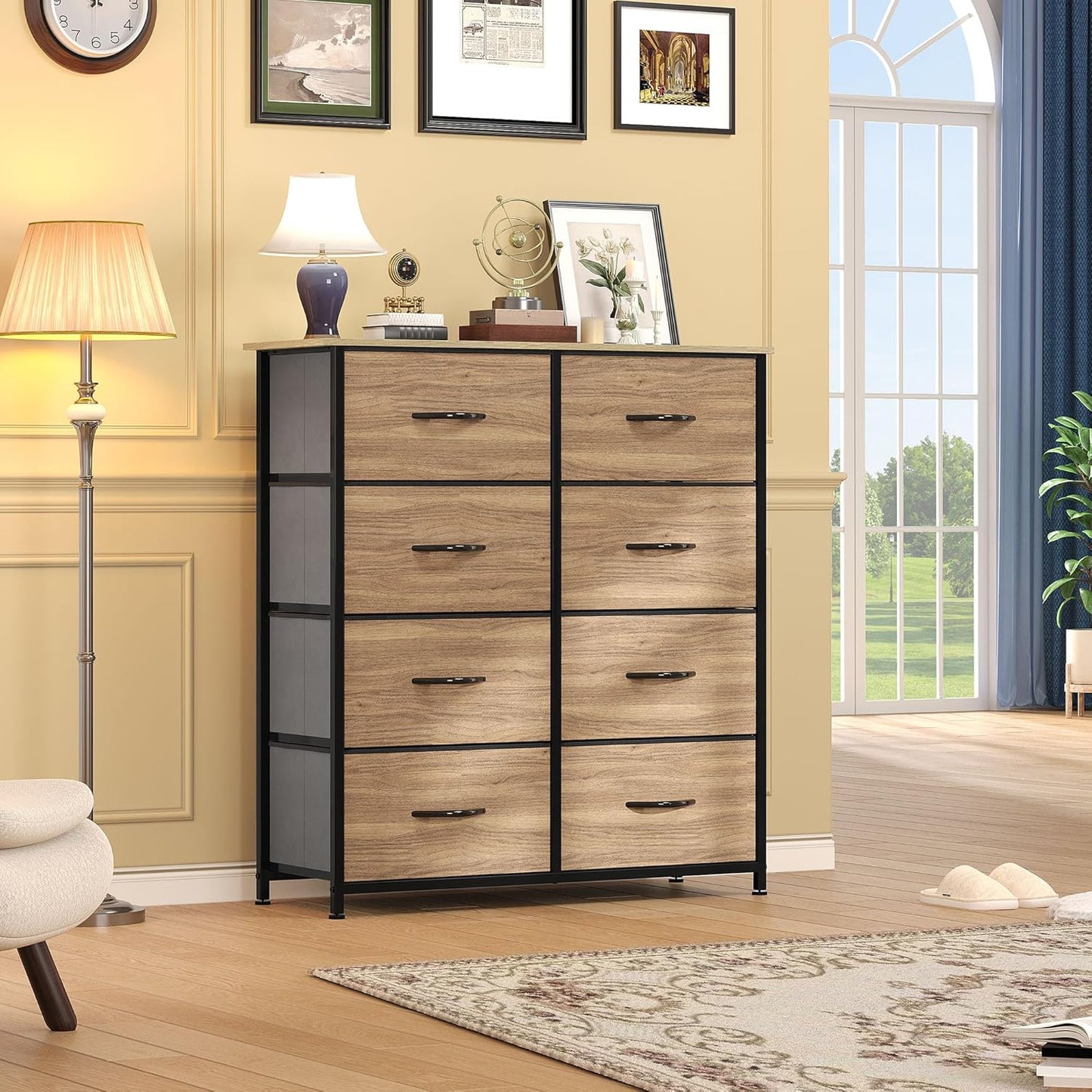 DWVO Dresser with 8 Drawers - Fabric Storage Tower, Organizer Unit for Bedroom, Hallway, Closets - Sturdy Steel Frame, Wooden Top & Easy Pull Fabric Bins (Burlywood Grain)