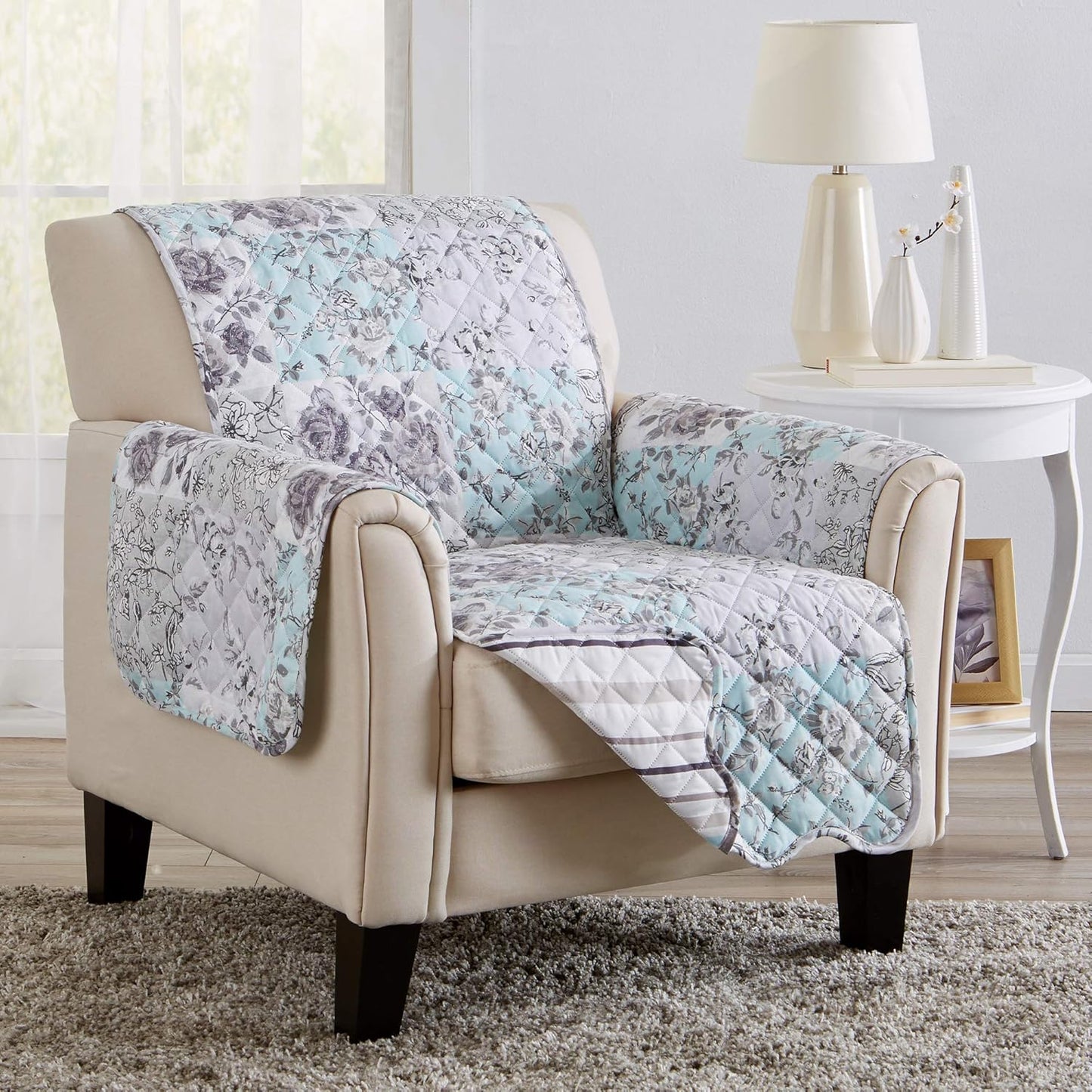 Reversible Floral Patchwork Furniture Protector Scalloped Edge Stain Resistant Printed Furniture Protector Maribel Collection (Chair, Gray/Aqua)
