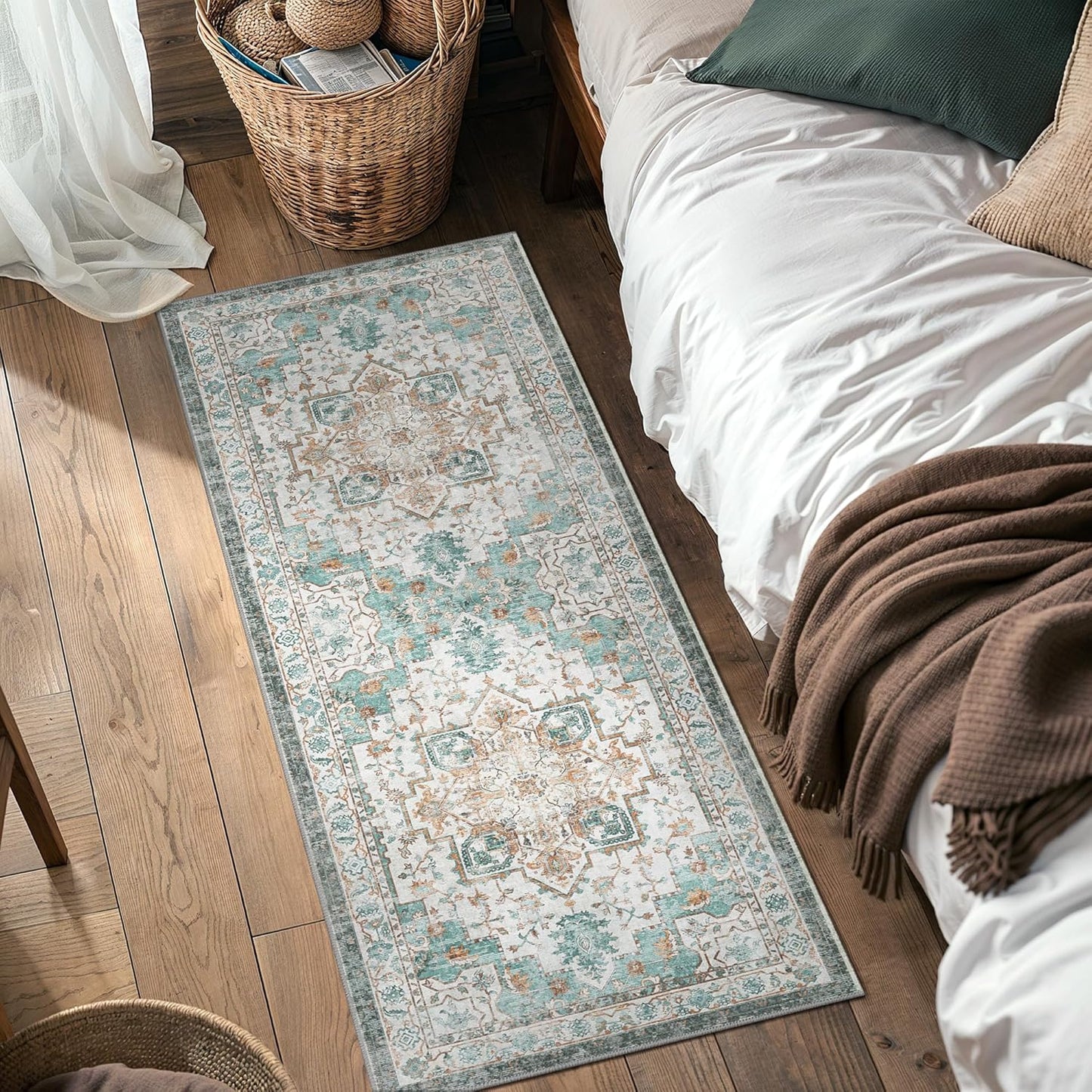 GENIMO 2x5 Runner Rugs for Hallway, Machine Washable Non Slip Vintage Rugs, Low Pile Lightweight Soft Print Rug for enrtyway, Corridor, Home Office, Kitchen, Cyan