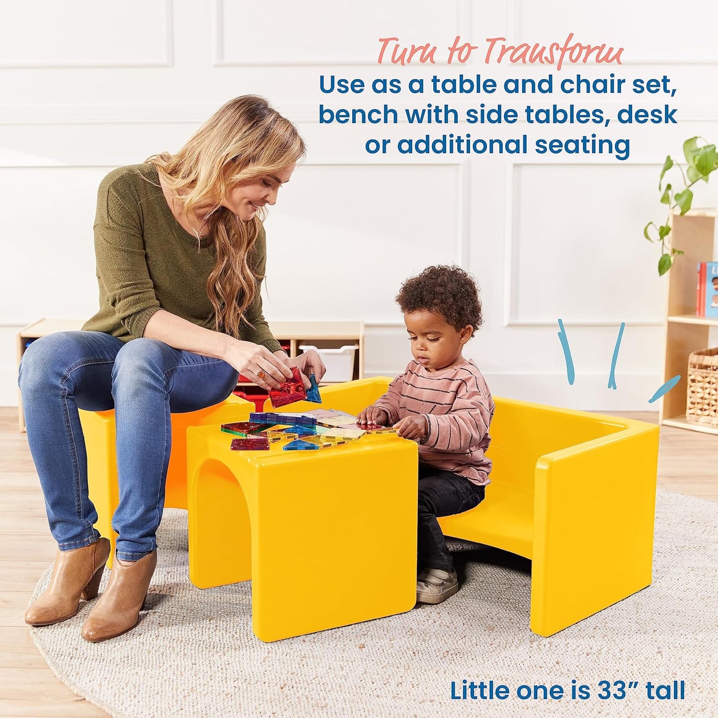 ECR4Kids Tri-Me Table and Cube Chair Set, Multipurpose Furniture, Yellow, 3-Piece