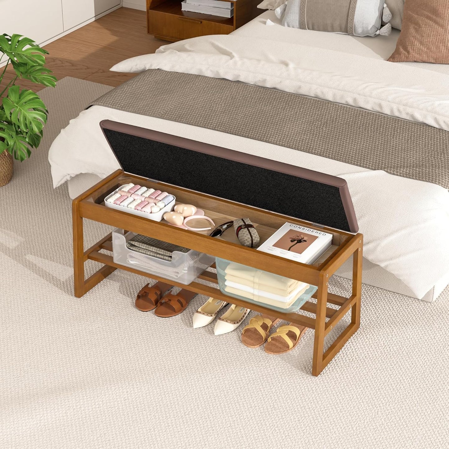 Shoe Storage Bench with Cushion - 2-Tier Shoe Rack Entryway Bench with Flip-Top Storage, Walnut Wooden Shoes Benches Organizer for Entryway, Hallway, Living Room, Bedroom, Closet(Walnut, 39.4" W)