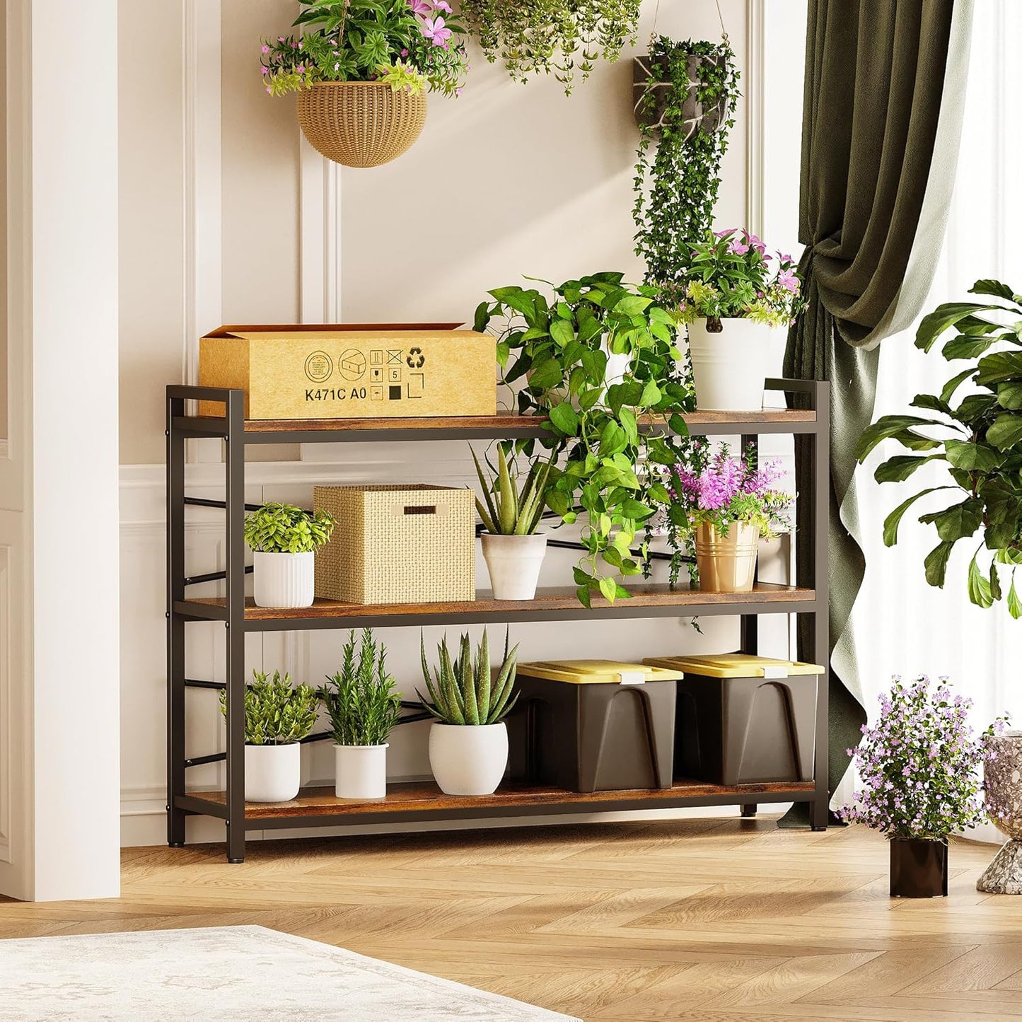 3 Tier Bookcase 47.24" Width, Long Industrial Book Shelf, Vintage Wooden Large Book Shelf for Home Living Room Bedroom Office Storage(Vintage)