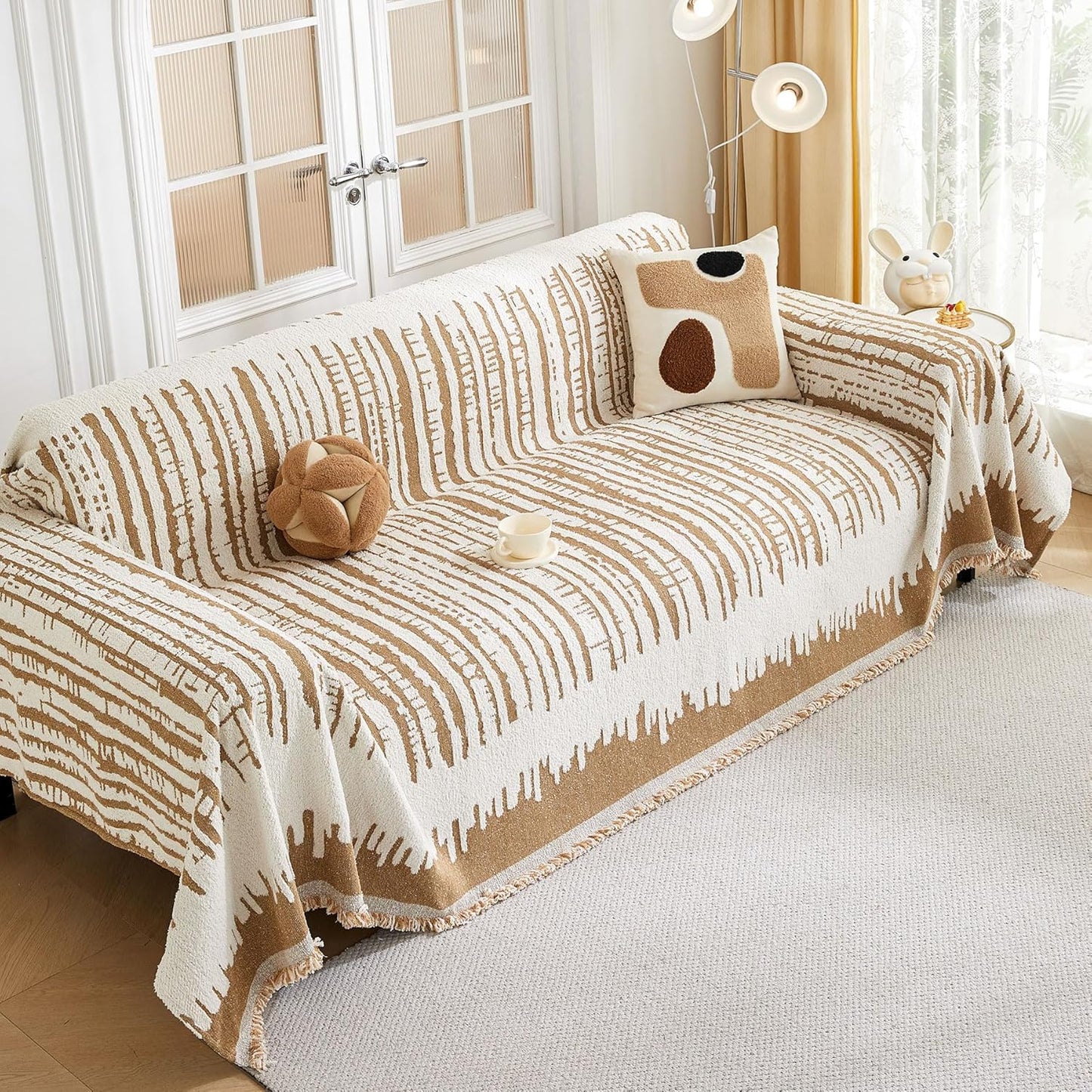 HAOMAIJIA Boho Sofa Covers Couch Covers for 3 Cushion Couch Sofa Pet Friendly Soft Thick Non Slip Couch Cover for Dogs Washable Sectional Couch Covers L Shape Furniture Protecto (XF-Khaki, 71"x134")