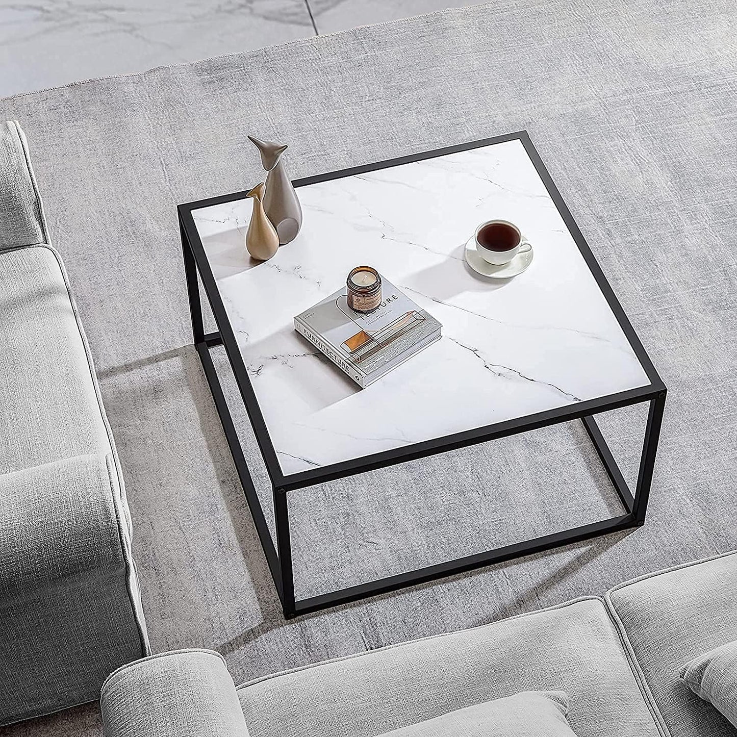 SAYGOER White Coffee Table,Small Square Coffee Table,Modern Center Table for Living Room Office 27.6 * 27.6 * 15.7 Inch, Easy Assembly, White Faux Marble Top