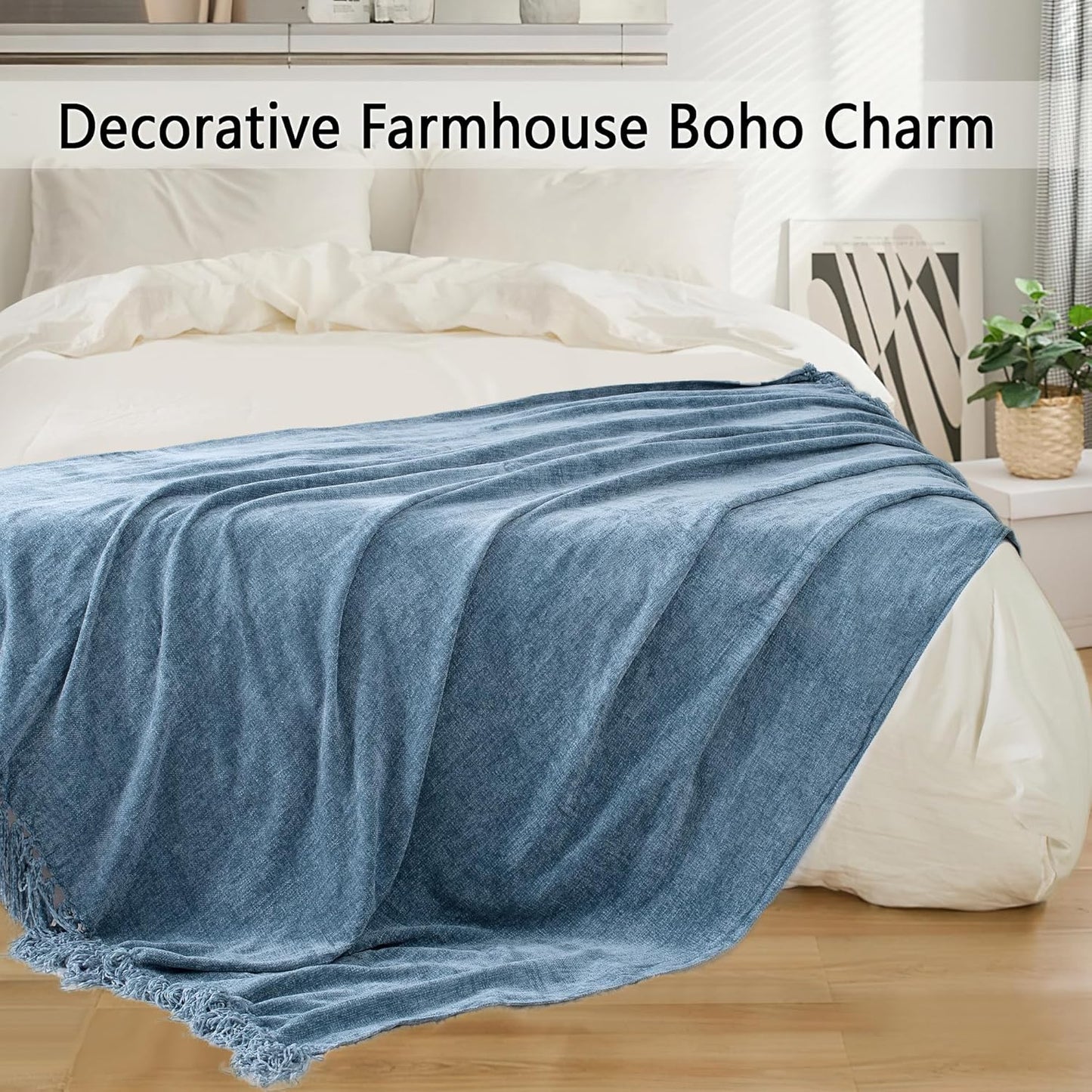 Chenille Throw Blanket for Couch 50"X 60", Soft Cozy Throws with Fringe Tassel for Bed Sofa Chair Cover, Lightweight Knitted Decorative Boho Blankets for Living Room, Dusty Blue