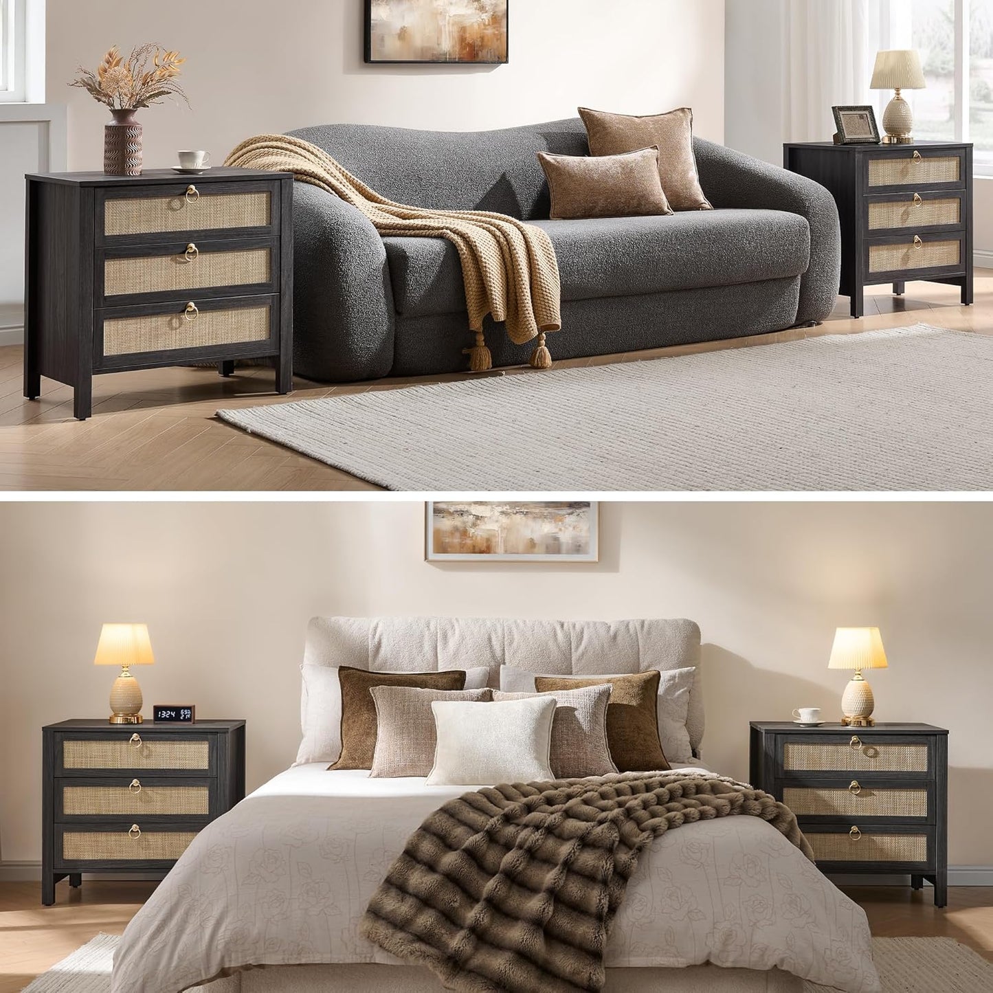 SICOTAS Nightstand Set 2 with Drawers - Large Rattan Bedside Table with Golden Handle, 3 Drawers Night Stand 26.78" Wide Side Table Boho Nightstand for Bedroom