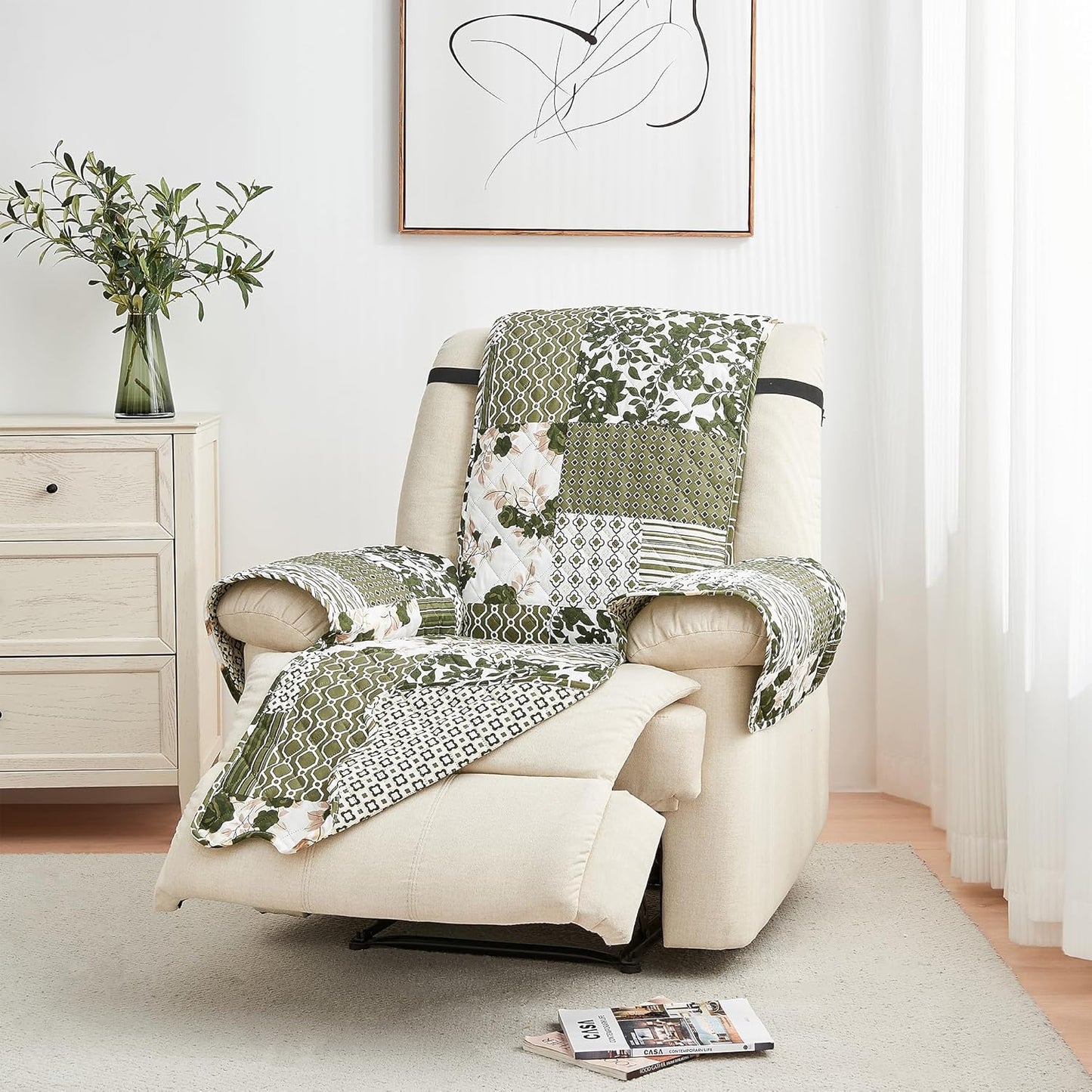 Reversible Patchwork Recliner Chair Cover - Washable Slipcover Furniture Protector with Elastic Straps - Couch Cover for Dogs, Kids, and Pets - Box-Stitched Detail (Recliner, Olive / Brown)