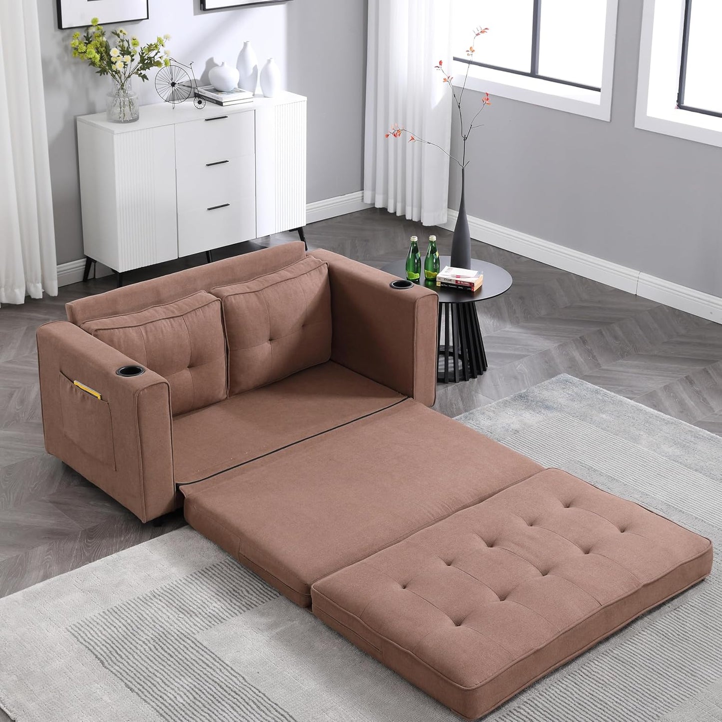 ERYE 3 Fold Tufted Upholstered Futon Sofa Bed Modern Convertible Foldable Floor Loveseat Sofabed with Pull Out Sleeper Couch Daybed W/Cupholders and Pockets for Living Room