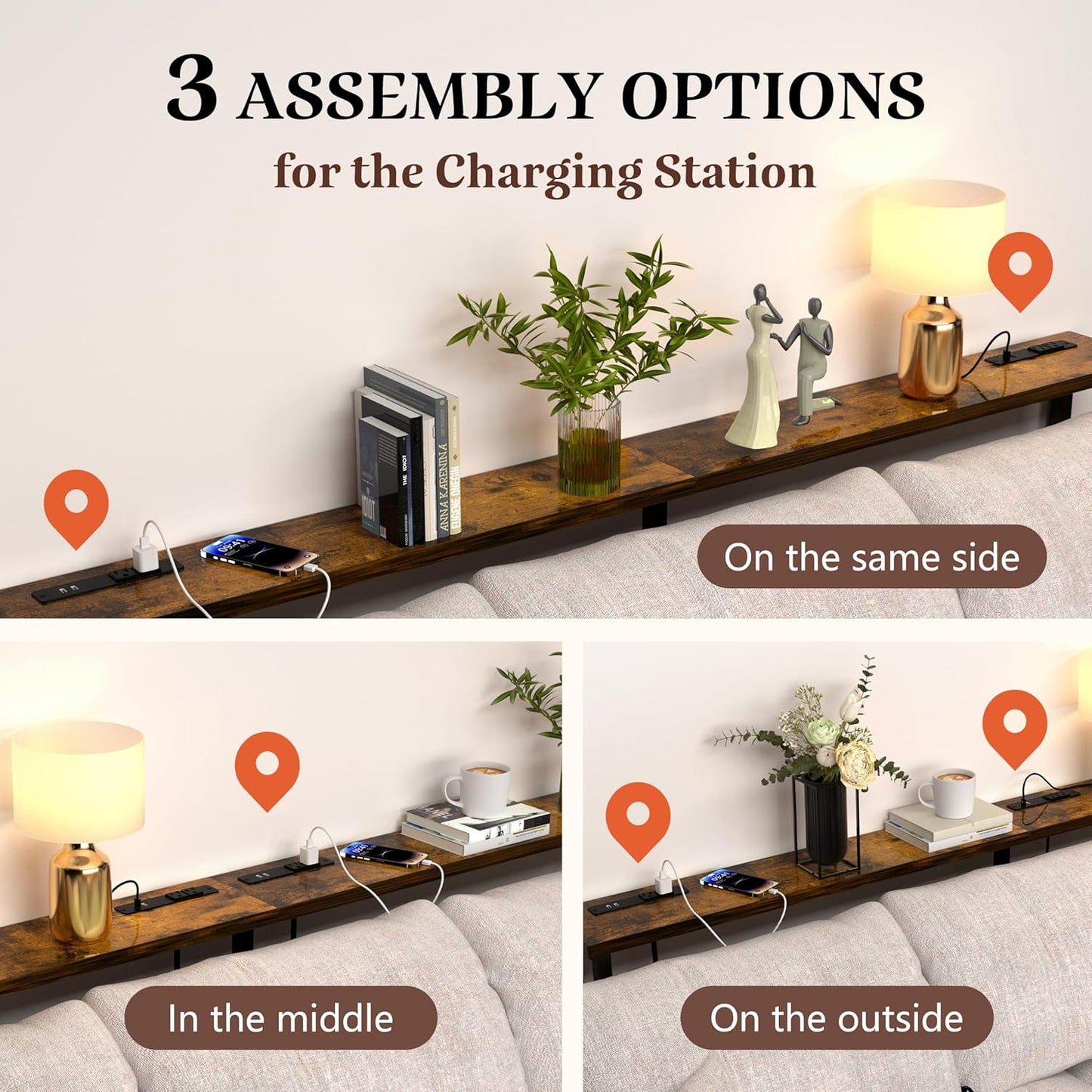 GRLEAF 78" Sofa Table with Built-in Power Strip (4 AC Outlets & 4 USB Ports) – 4.9ft Power Cord, Metal Frame, Easy Assembly, Long Couch Table Behind Sofa, Living Room and Home Office | Rustic Brown