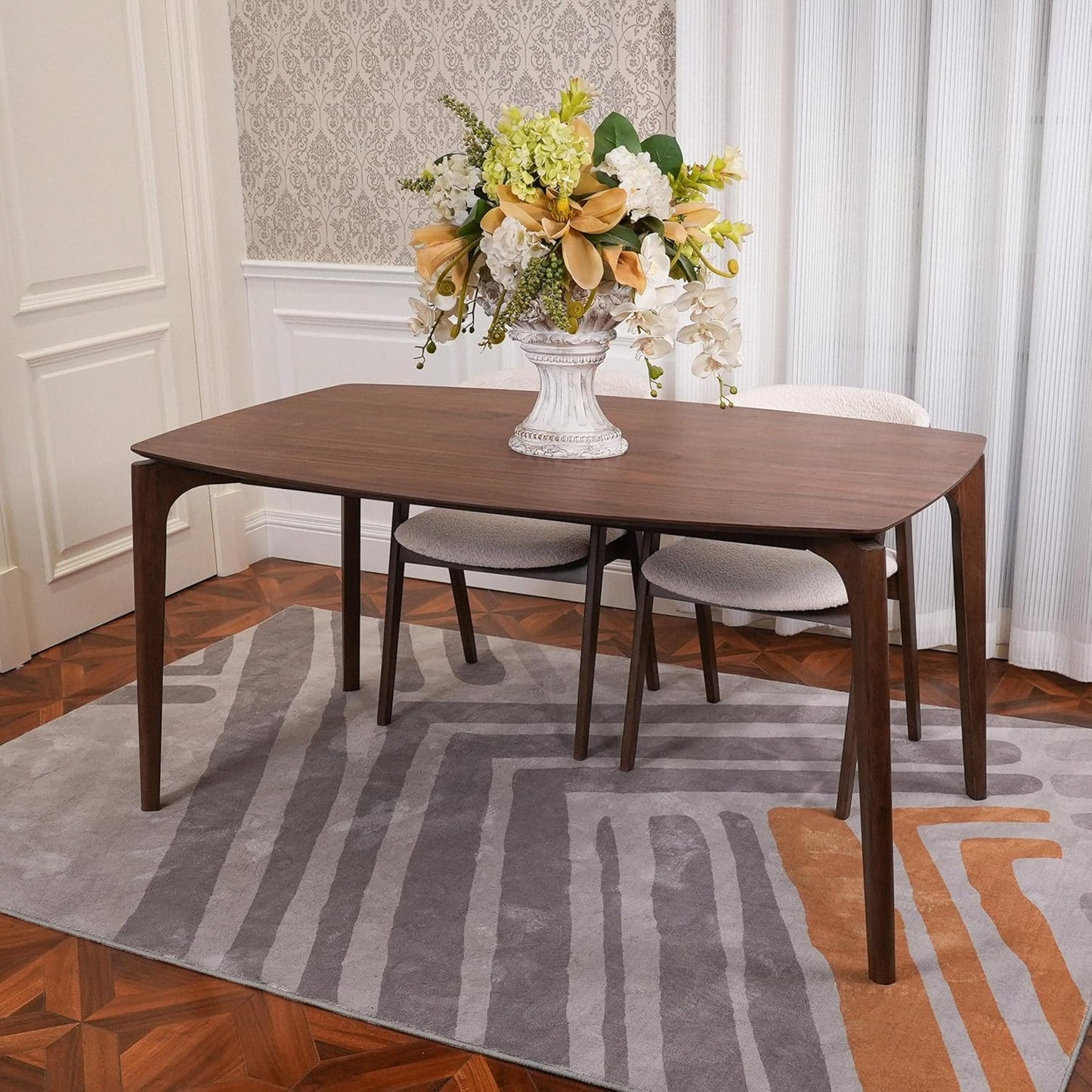 CONSDAN Dining Table for 4-6, Table Only, Walnut Veneer Top, Solid Wood Frame, Round Rectangular Shape, Softly Curved Edges, Elegant Look