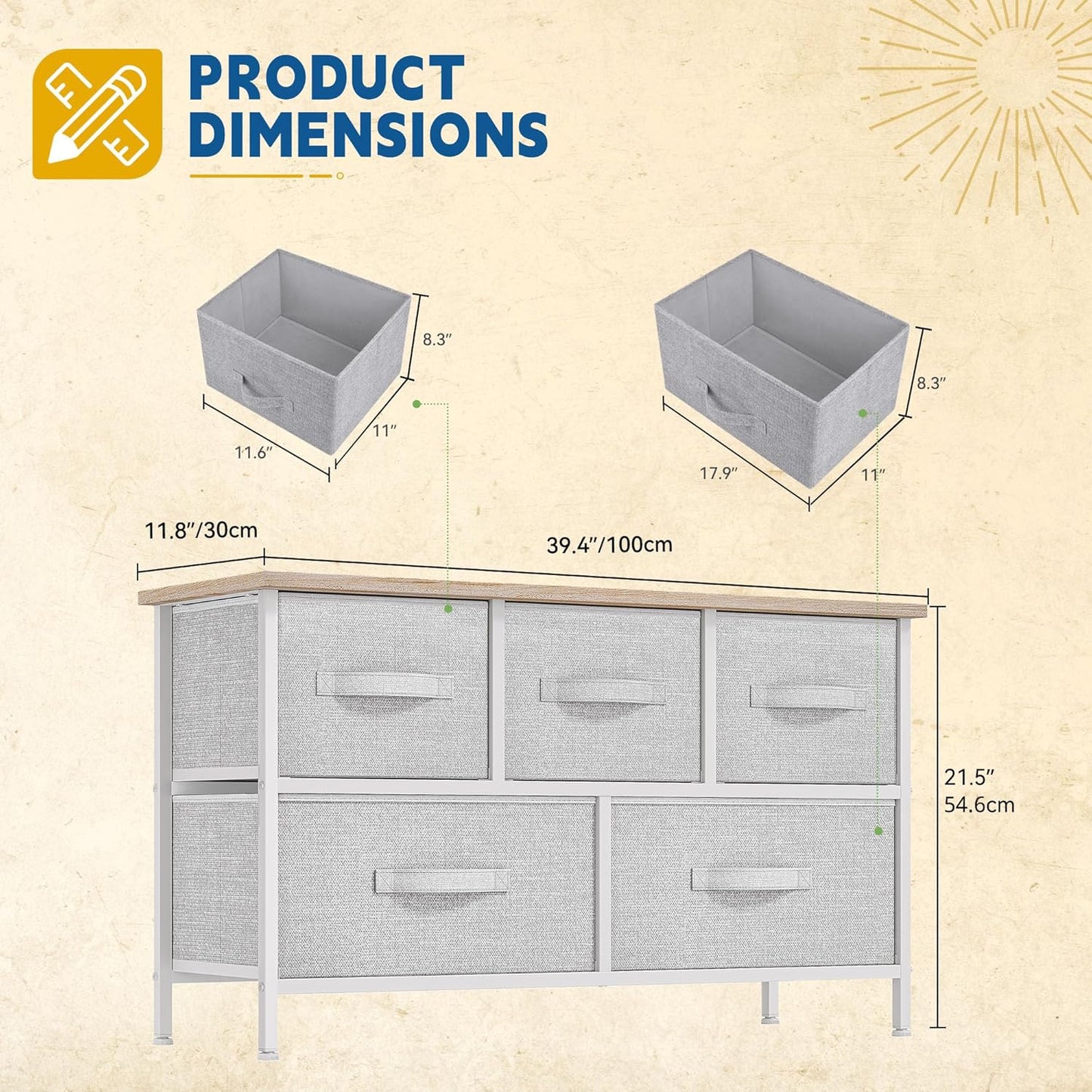 DWVO 5 Dresser for Bedroom, Storage Dresser with 5 Drawers, Wide Storage Tower, Chest of Drawers for Closet, Living Room
