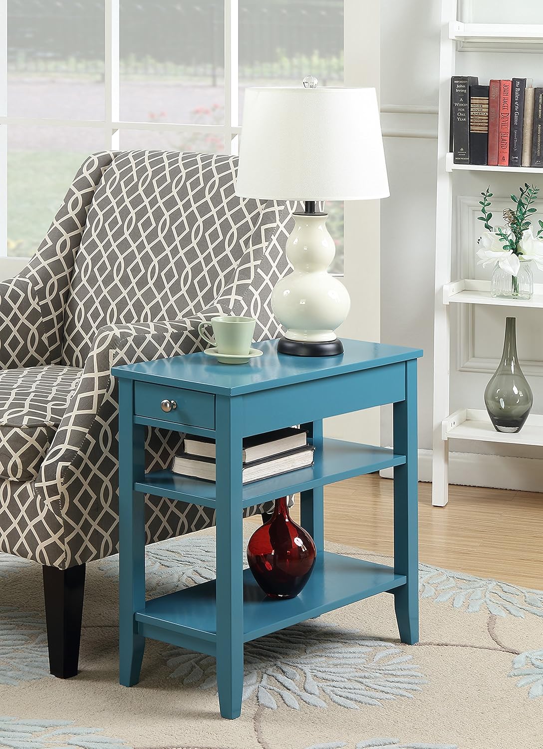 Convenience Concepts American Heritage Chairside End Table with Drawer 23.5" - Classic Living Room Table with Storage Shelf, Bedroom Nightstand, Blue