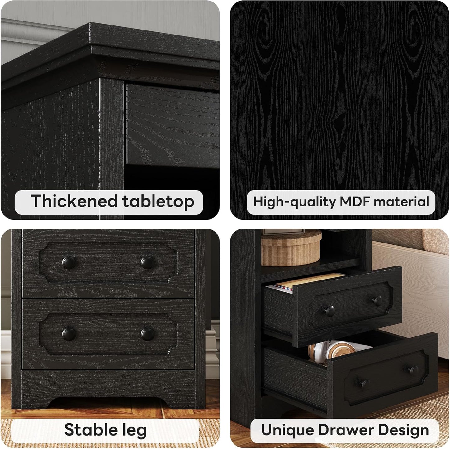 LIKIMIO Night Stand, Modern Bedside Table with 2 Drawers, Open Shelf, End Table with Pull-Out Tray, Wood SideTable, Black