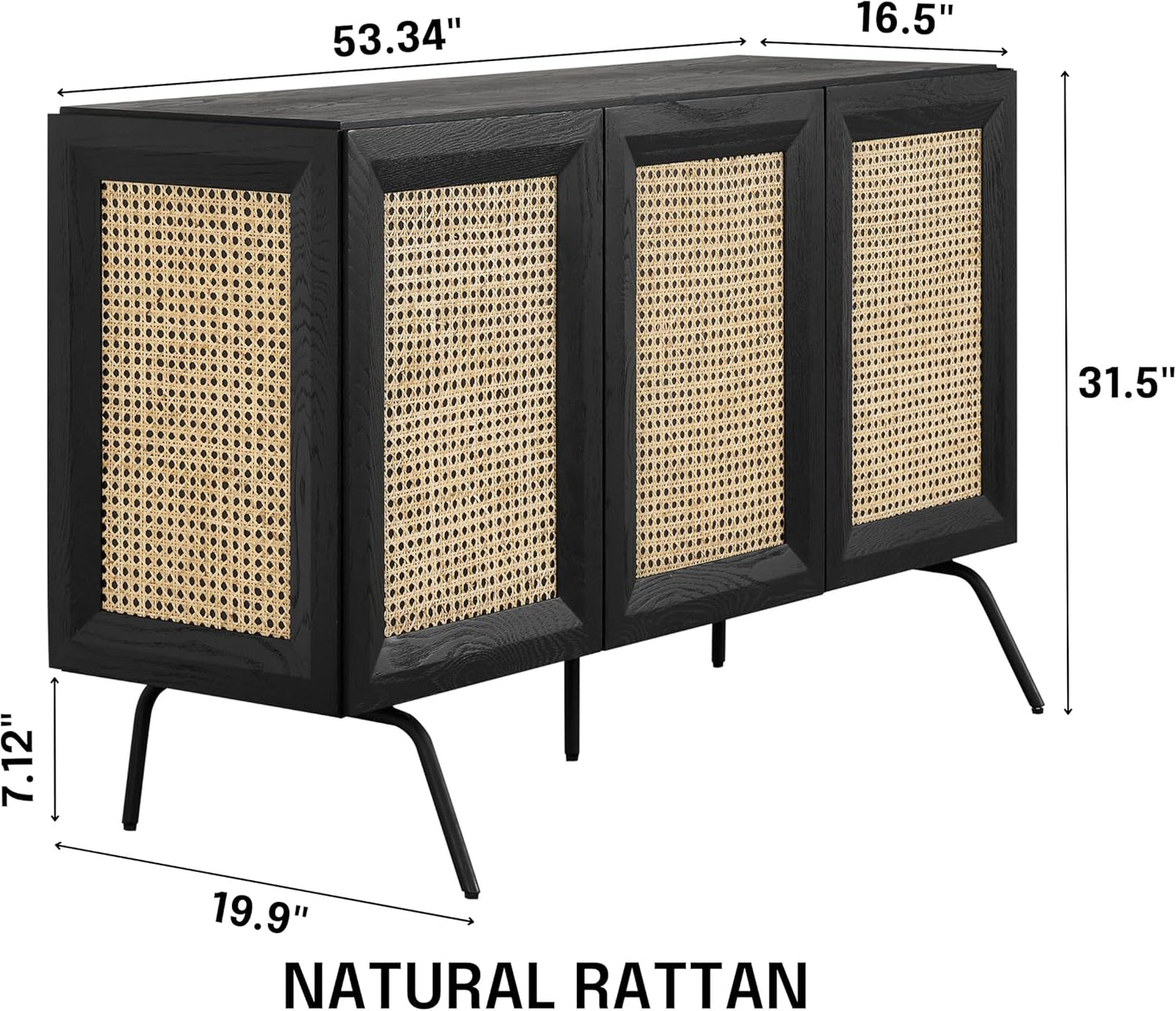 NTC MOSSIC Modern Sideboard with 3 Doors, Natural Rattan Storage Cabinet, Buffet with Metal Legs, Boho Accent Cabinet for Living Room, and Entryway, Effortless Assembly - Burnt Black