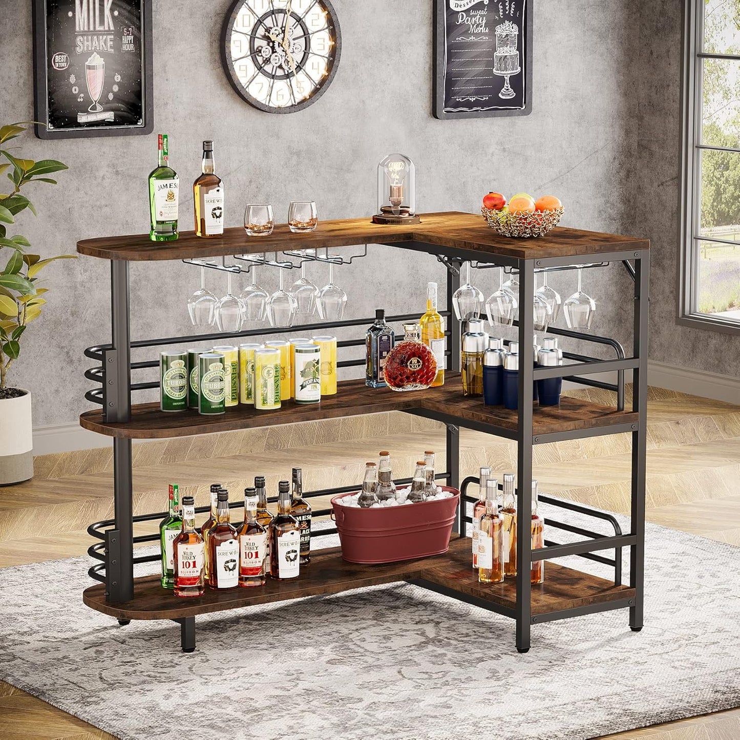 Tribesigns L-Shaped Home Bar Unit, 3 Tier Liquor Table With Storage Shelves and Wine Glasses Holder, Industrial Corner Wine Cabinet Mini Bar for Home Kitchen Pub, Rustic Brown