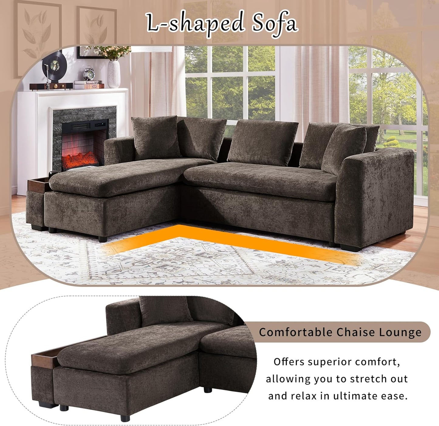 Merax 93.7" L-Shaped Sectional Sofa with Wooden Storage Compartment, Chenille Upholstered Deep Seating Sleeper Couch & Chaise Lounge and Throw Pillows for Living Room, Brown