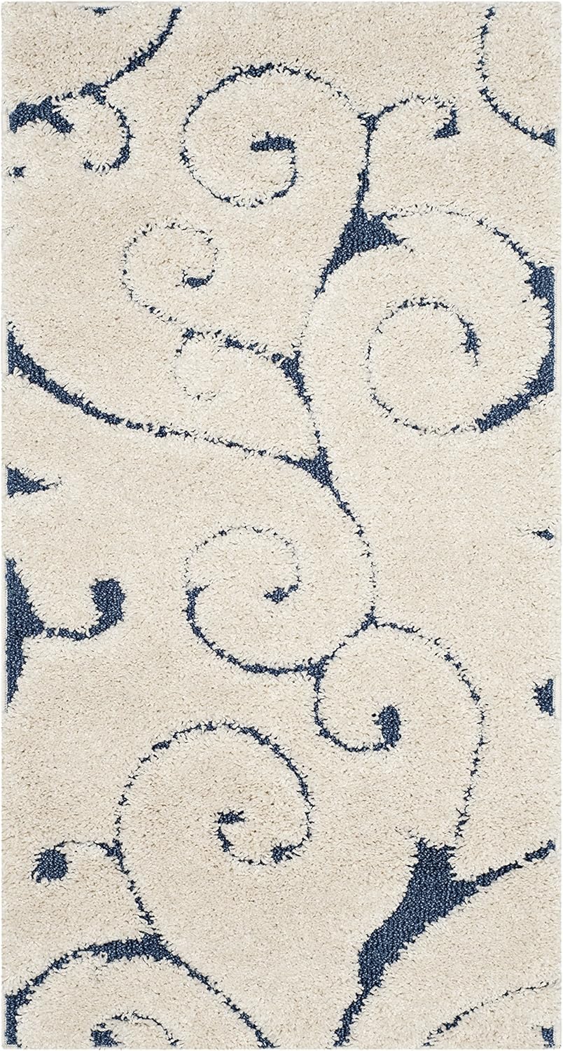 SAFAVIEH Florida Shag Collection Accent Rug - 2'3" x 5', Cream & Blue, Scroll Design, Non-Shedding & Easy Care, 1.2-inch Thick Ideal for High Traffic Areas in Foyer, Living Room, Bedroom (SG455-1165)