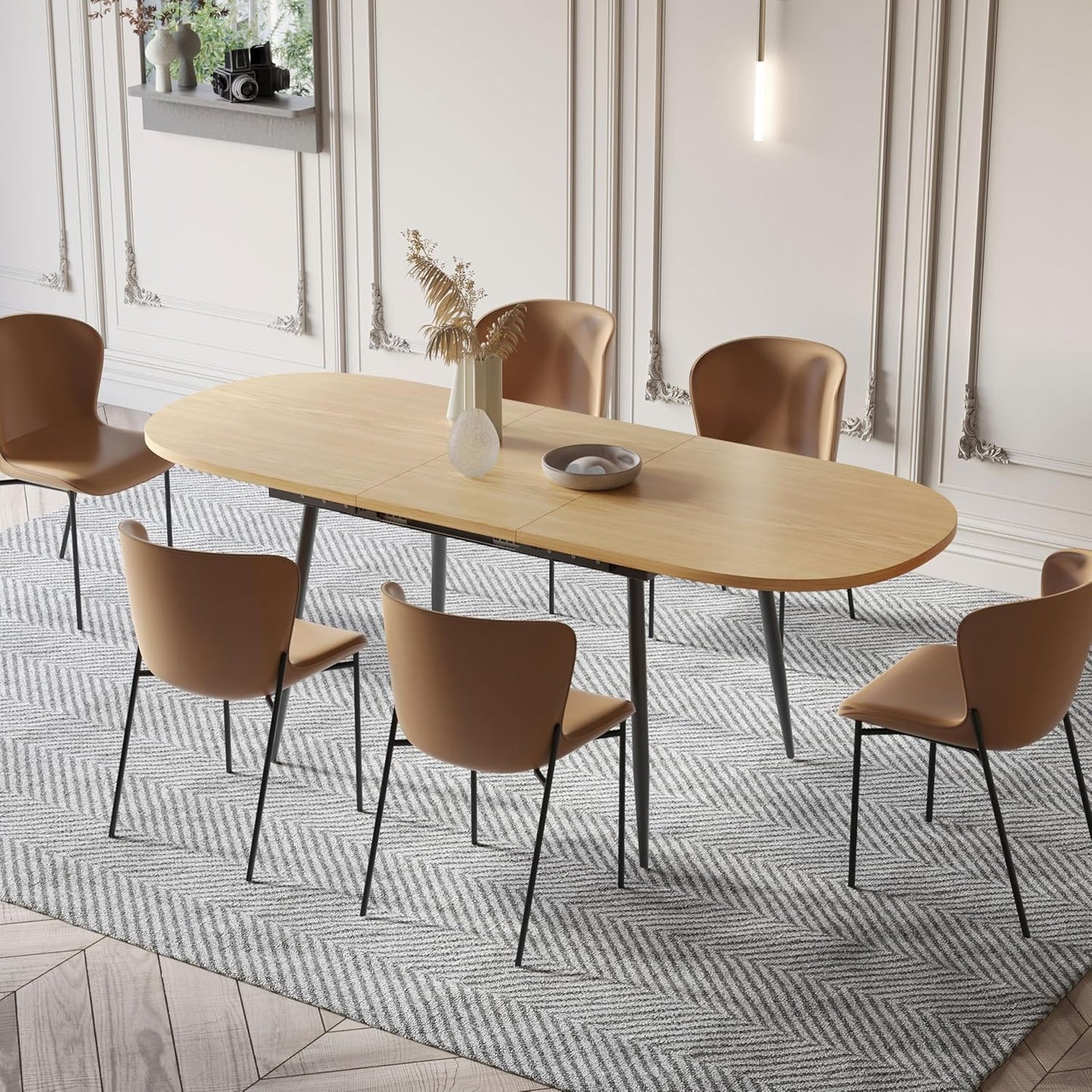 75" x 32" Extendable Dining Table - Oval Wooden Table Top with Metal Legs, Space-Saving Extendable 59" to 75" Dining Kitchen Table (Oval, Natural)