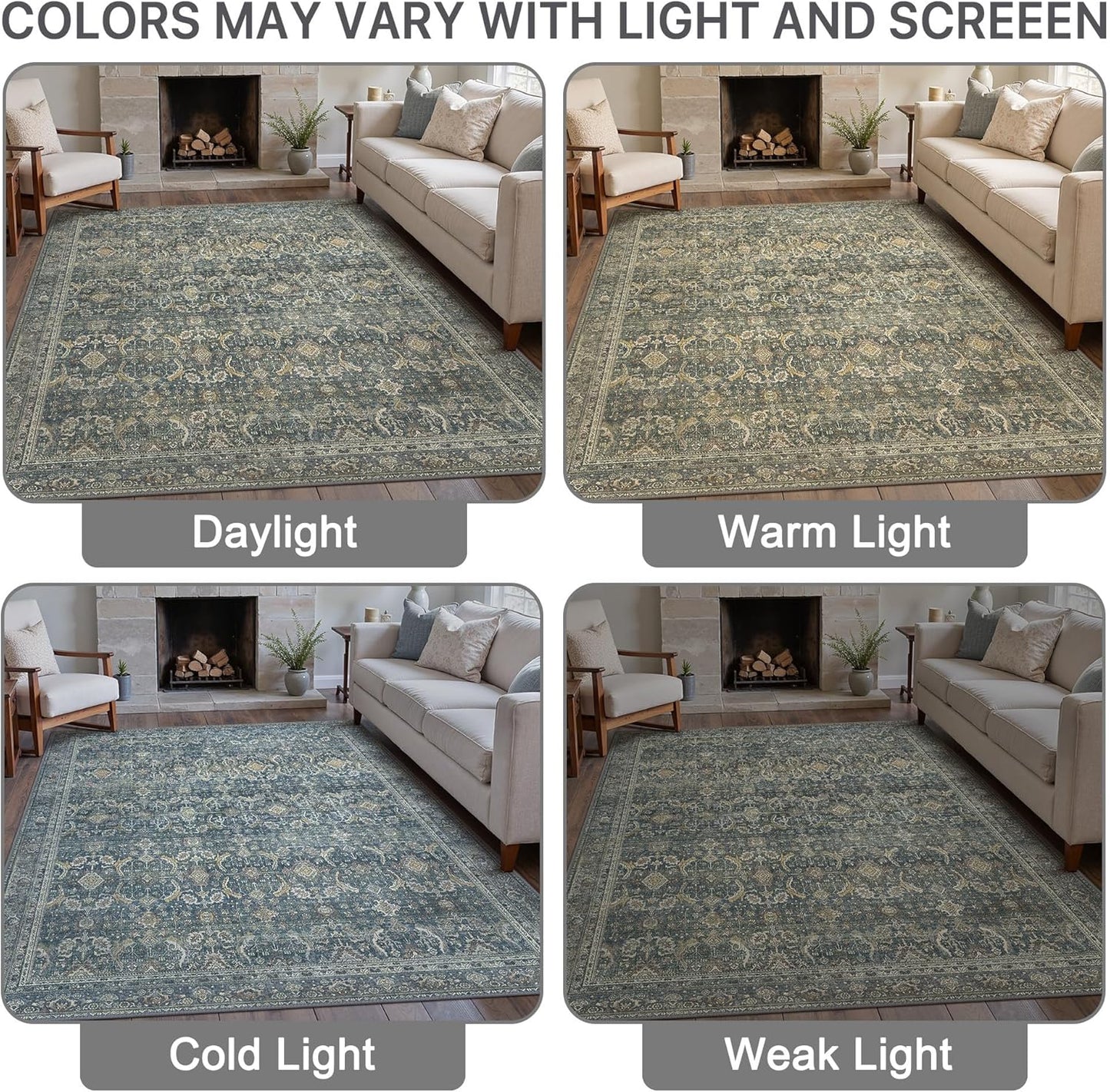 8X10 Area Rugs Machine Washable Rugs for Living Room, Vintage Boho Large Rugs for Bedroom Dining Room, Non Slip Indoor Soft Distressed Lightweight Thin Low Pile Carpet, Deep