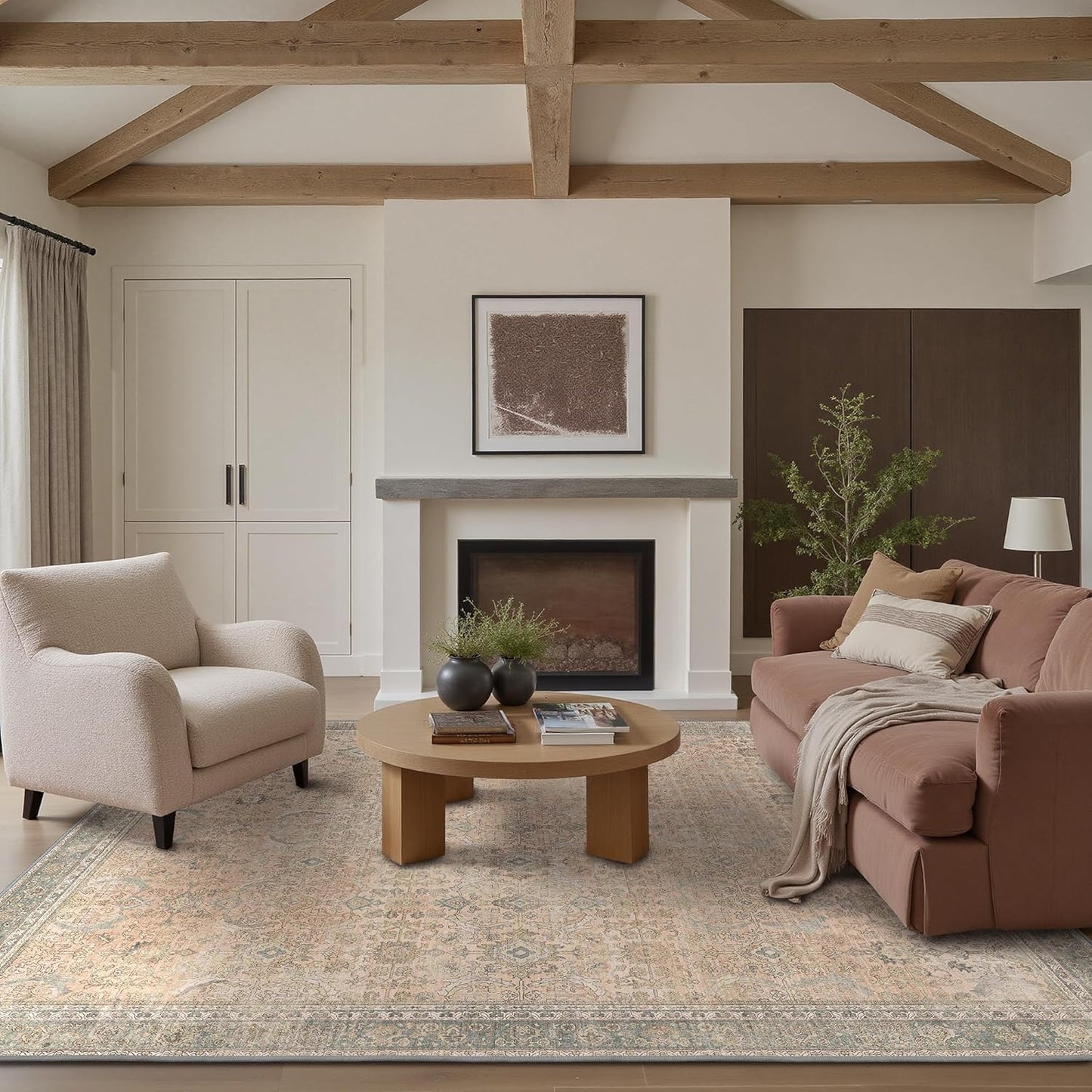 9X12 Area Rugs Machine Washable Rugs for Living Room, Vintage Boho Large Rugs for Bedroom Dining Room, Non Slip Indoor Soft Distressed Lightweight Thin Low Pile Carpet, Soft Sand