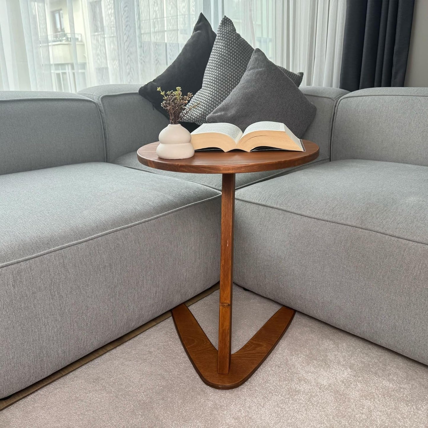 C-Shaped Handmade End Table, Side Table for Couches, Sofa Tables Slide Under Couch for Living Room, Over Couch TV Tray Table for Small Spaces (Large, Chestnut)