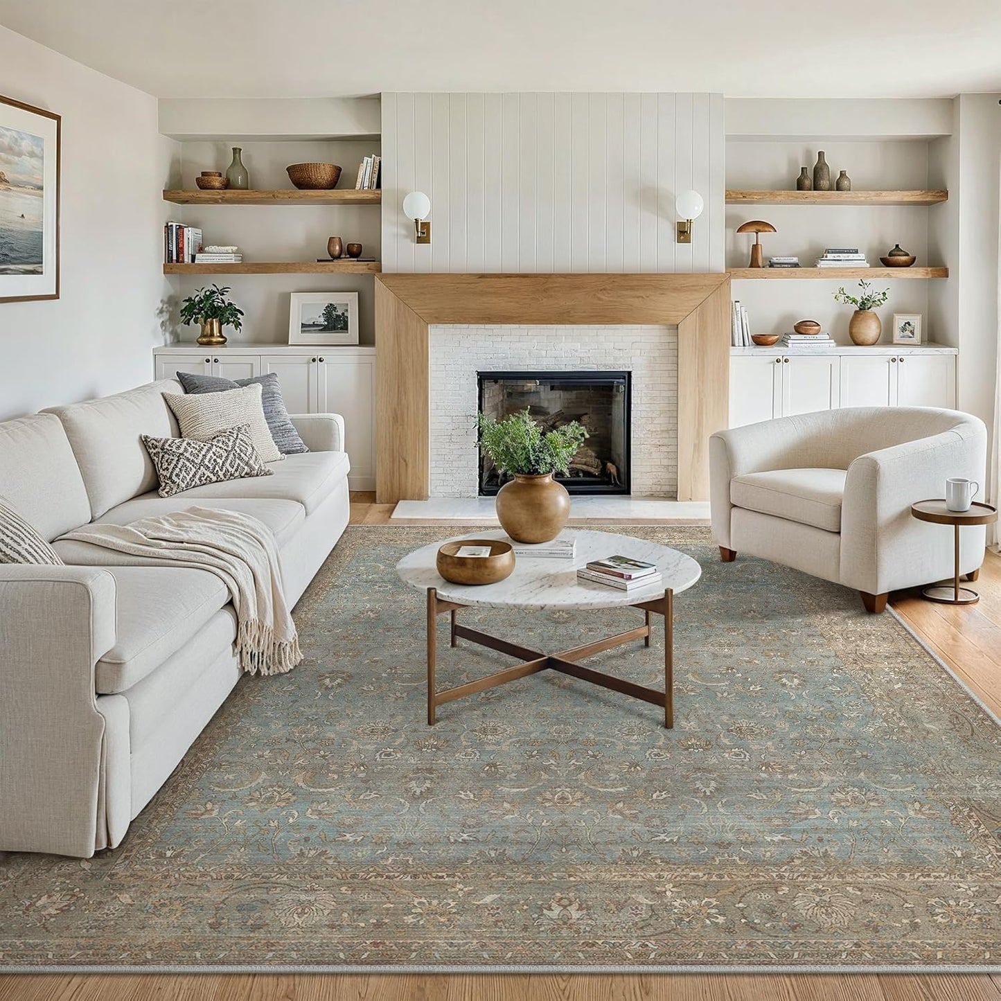 8X10 Area Rugs Machine Washable Rugs for Living Room, Vintage Boho Large Rugs for Bedroom Dining Room, Non Slip Indoor Soft Distressed Lightweight Thin Low Pile Carpet, Weathered Teal