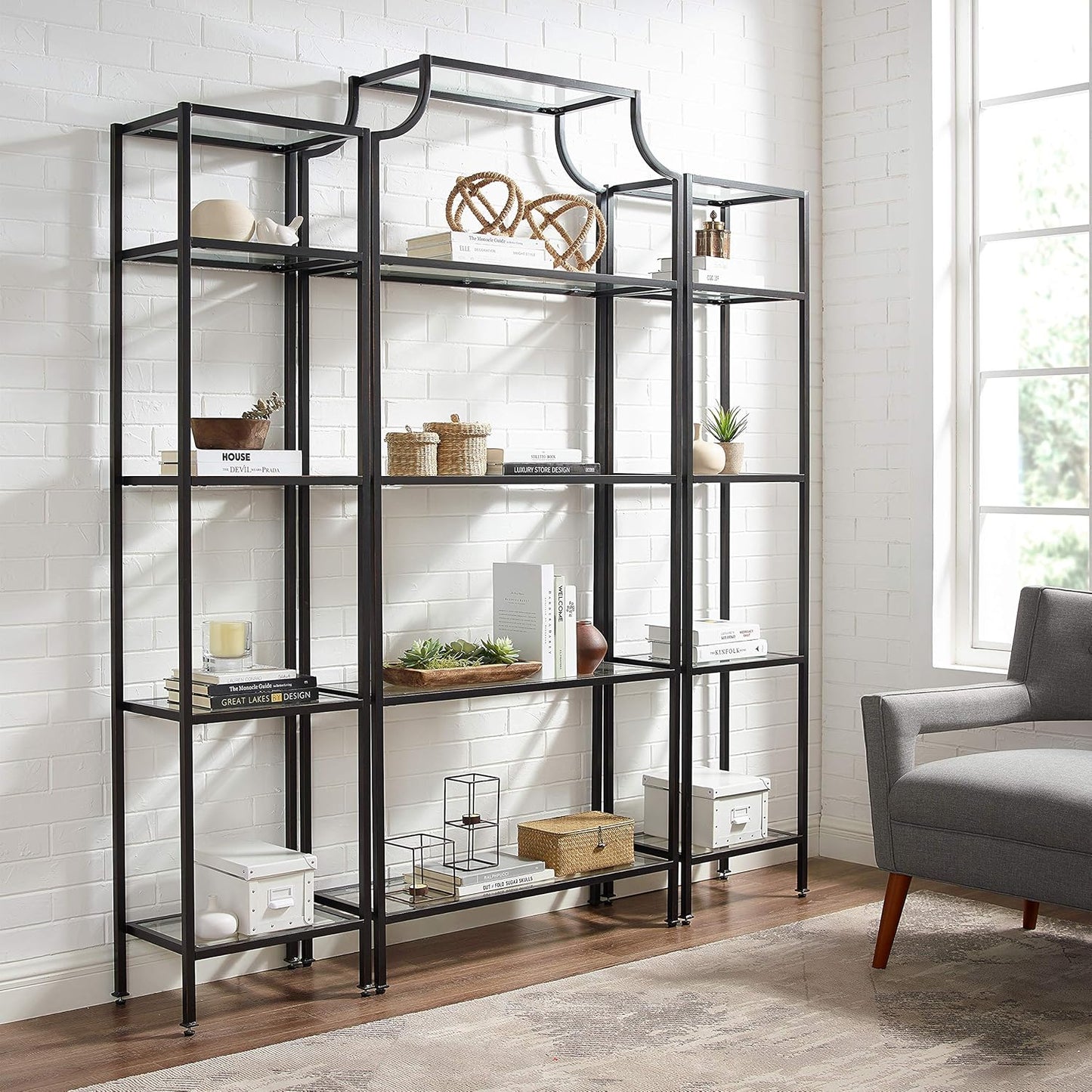 Crosley Furniture Aimee 3-Piece Bookshelf Set with Glass Shelves, Bookcase Storage, Oil-Rubbed Bronze