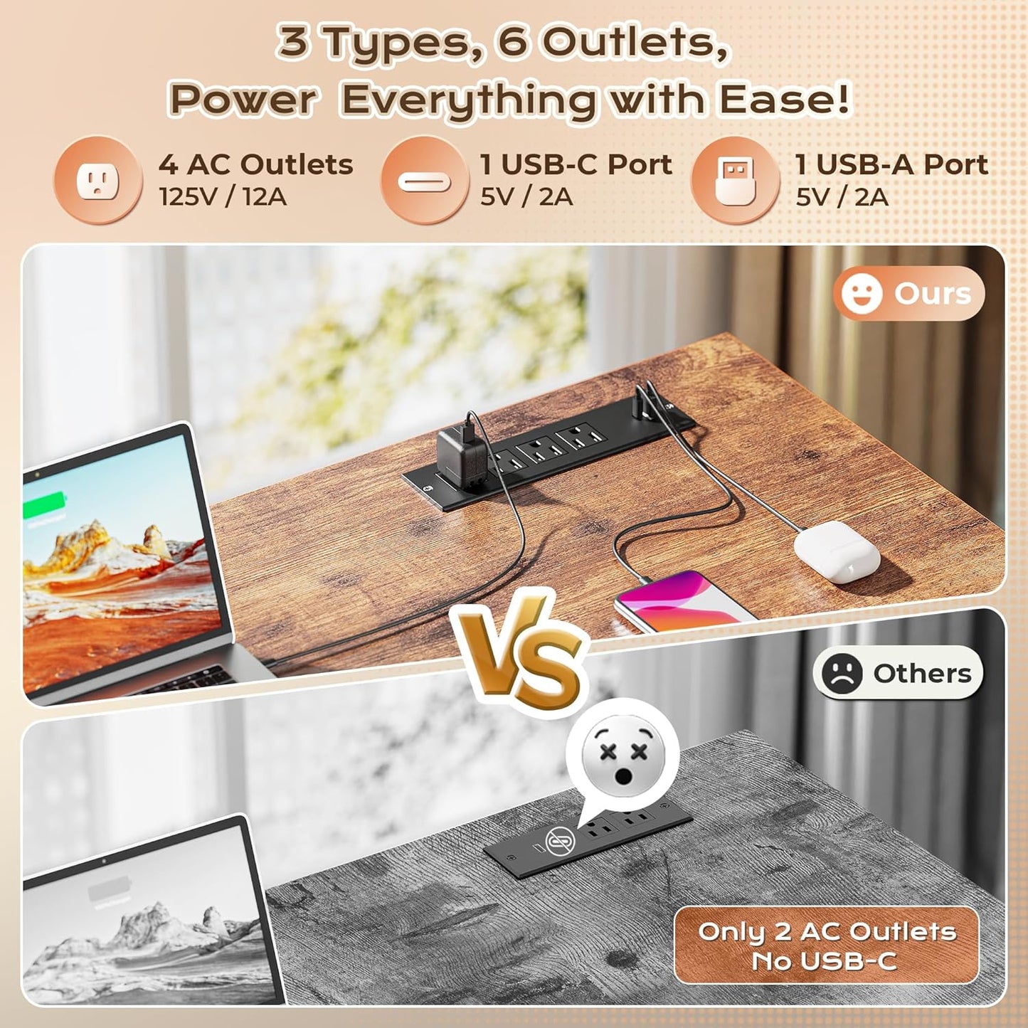 PRAISUN 63 Inch L Shaped Desk with Power Outlets and USB-C Port, Computer Corner Home Office Desk with File Fabric Drawers and Movable Monitor Stand, Larger Storage, Gaming, Writing, Rustic Brown