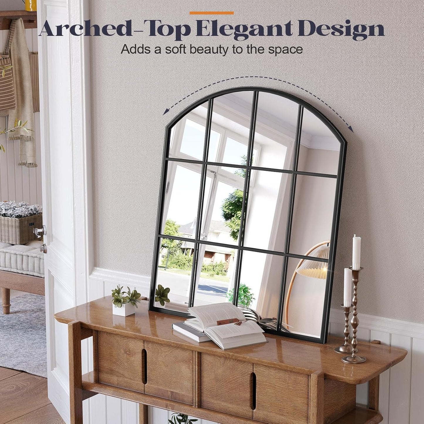 Wide Window Pane Mirror, 28" x 32" Black Arched Mirror for Wall, Large Grid Wall Mirrors for Living Room Bedroom Farmhouse Fireplace Hallway Entryway