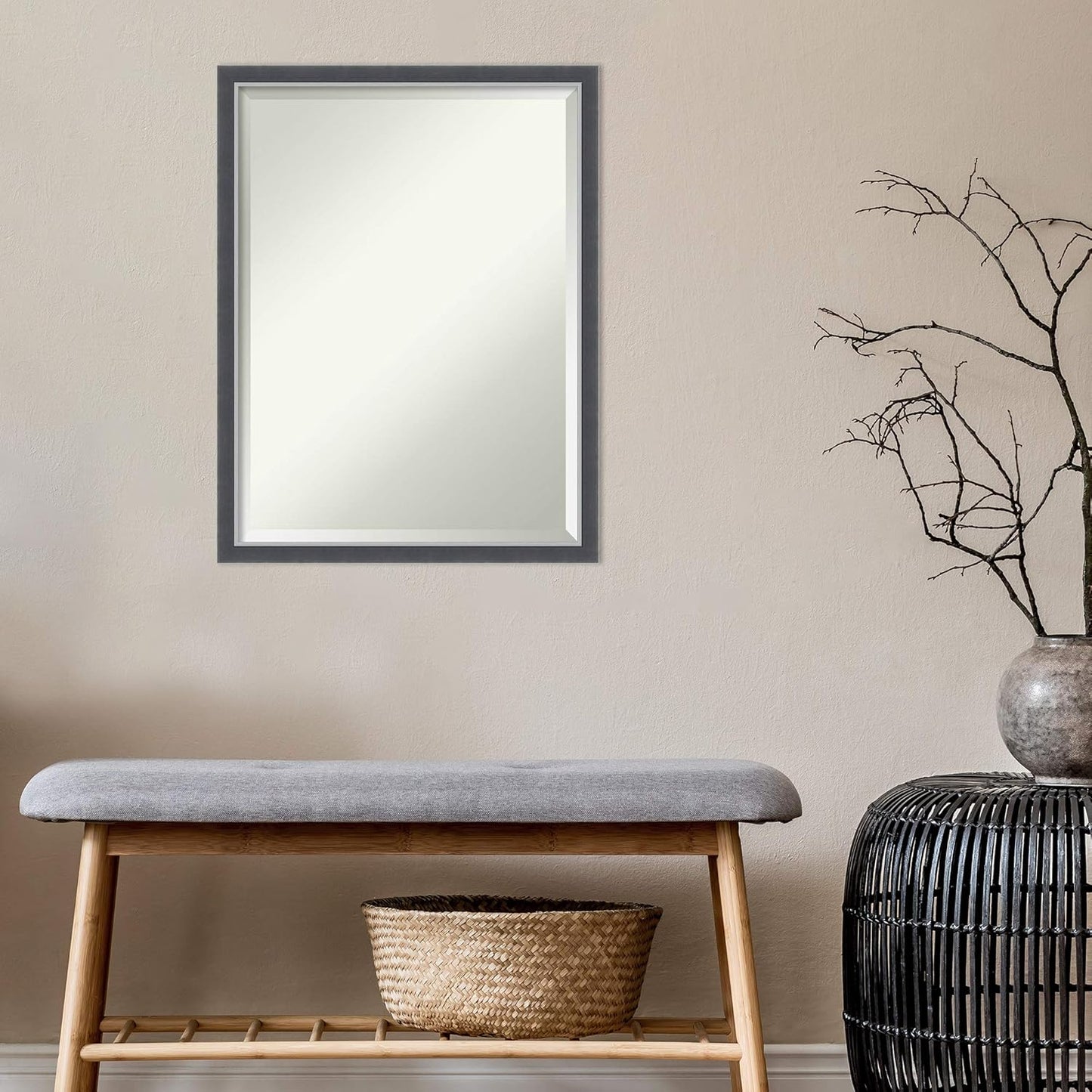 Amanti Art Black Bathroom Mirror for Over Sink, 26x20 Eva Black Silver Thin Rectangle Vanity Mirror, Medium Modern Contemporary Frame, Hangs Horizonally and Vertically, Bathroom Wall Decor, Beveled