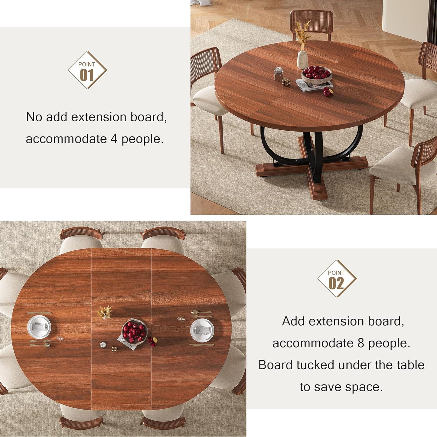 59" Round Extendable Dining Table for 4-6, Modern Oval Kitchen Table with Heavy Duty Curved Legs & Wood X-Based, MDF Board with Spring Buckle, Space Saving, Dining Kitchen Living Room, Walnut