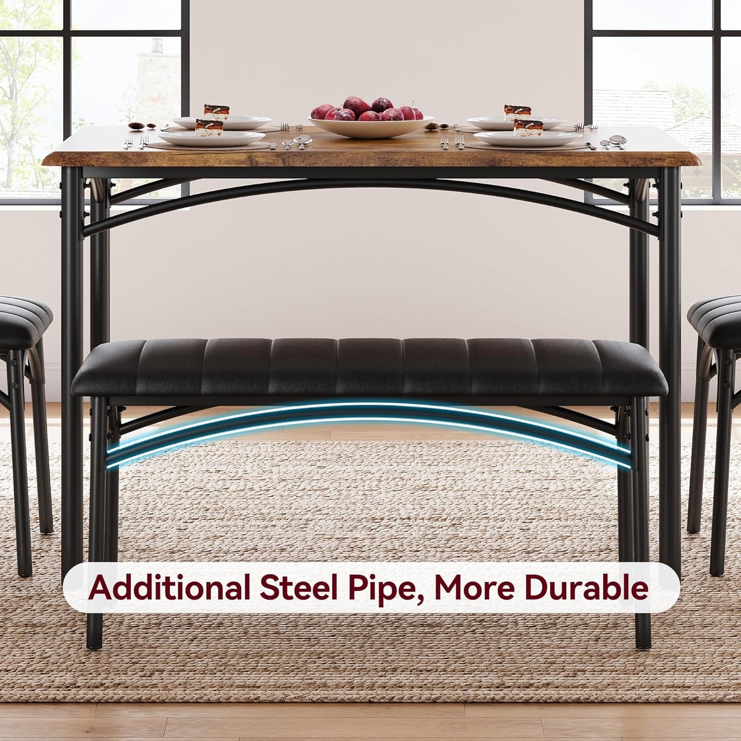 GarveeHome Dining Table Set for 4, Kitchen Table with Upholstered Chairs and Bench, Wood Rectangular Dining Table and Chairs Set for Small Space, Apartment, Dinner, Rustic Brown