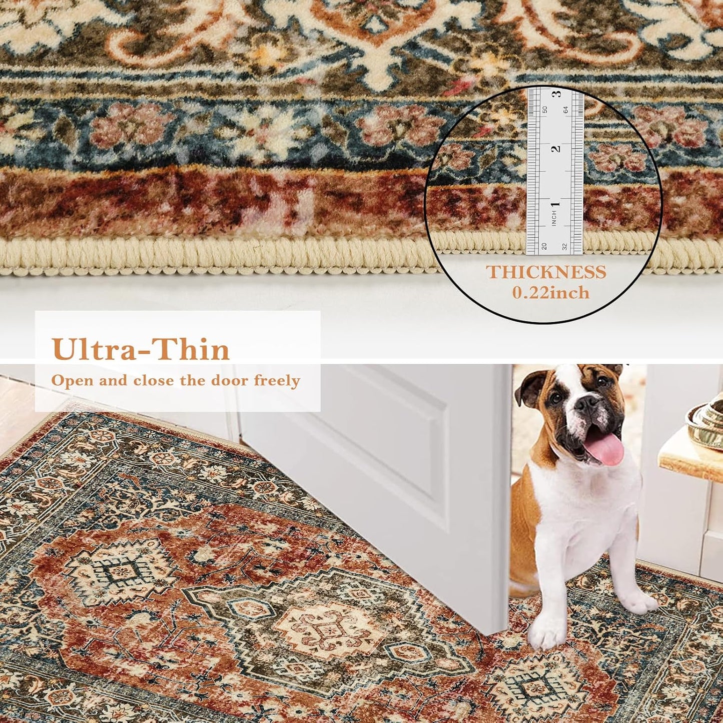 Lahome Oriental Washable Small Area Rug, 2x3 Rugs for Entryway Kitchen, Ultra-Thin Soft Indoor Door Mat Non Slip Throw Carpet for Bedroom Bathroom, Brick Red