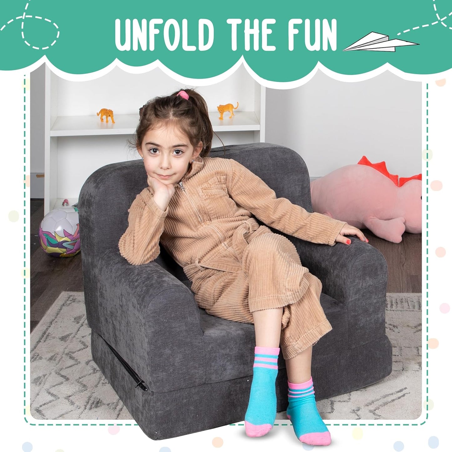 ParkaLounger Children's Sofa 2-in-1 Convertible Chair & Sleeper - Durable Foam Keeps Its Shape - Lightweight, Portable with Handle - Soft, Sturdy & Cozy Seat for Lounging & Play, Gray, Medium