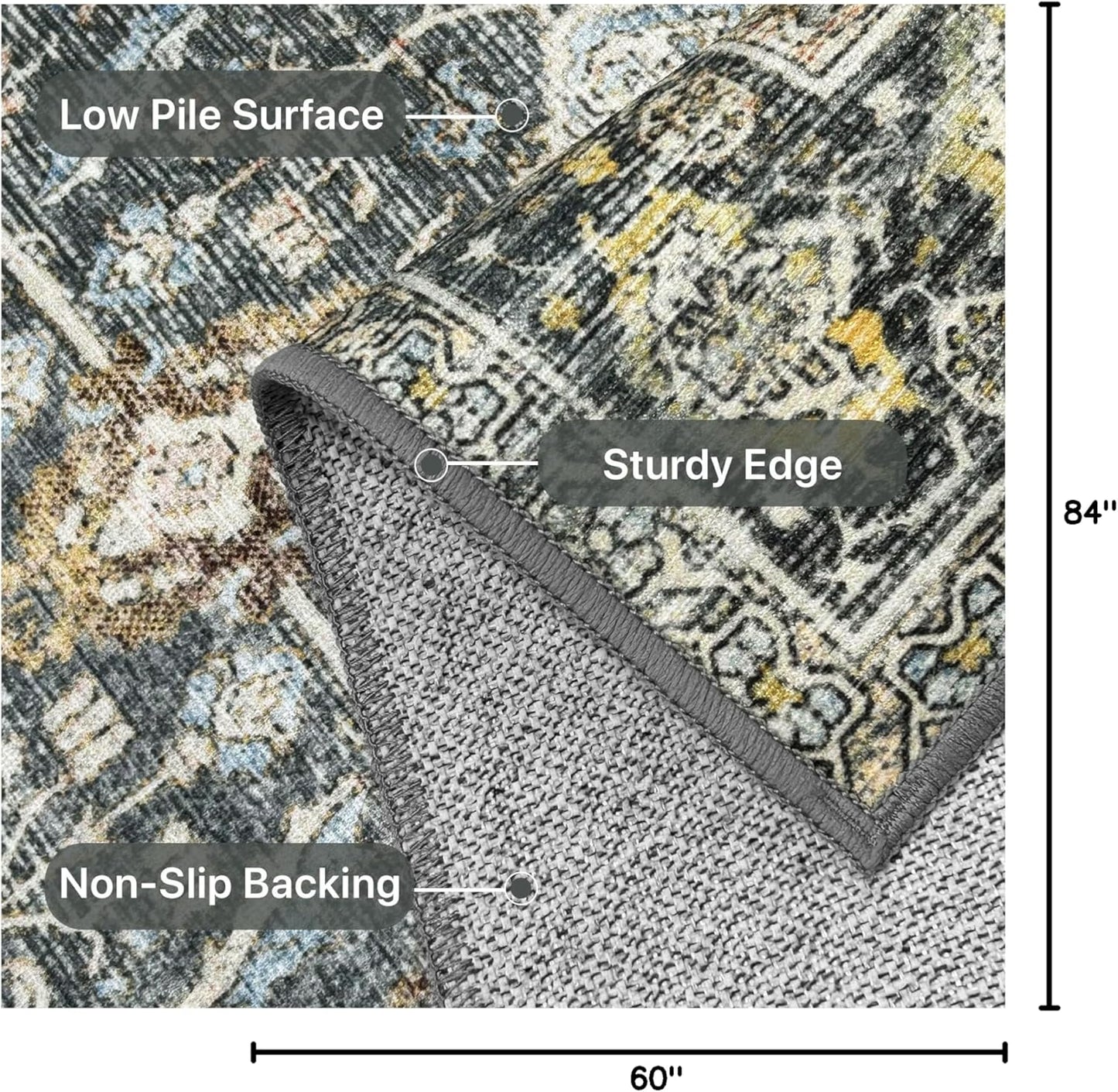 5X7 Area Rugs Machine Washable Rugs for Living Room, Vintage Boho Large Rugs for Bedroom Dining Room, Non Slip Indoor Soft Distressed Lightweight Thin Low Pile Carpet, Terracotta