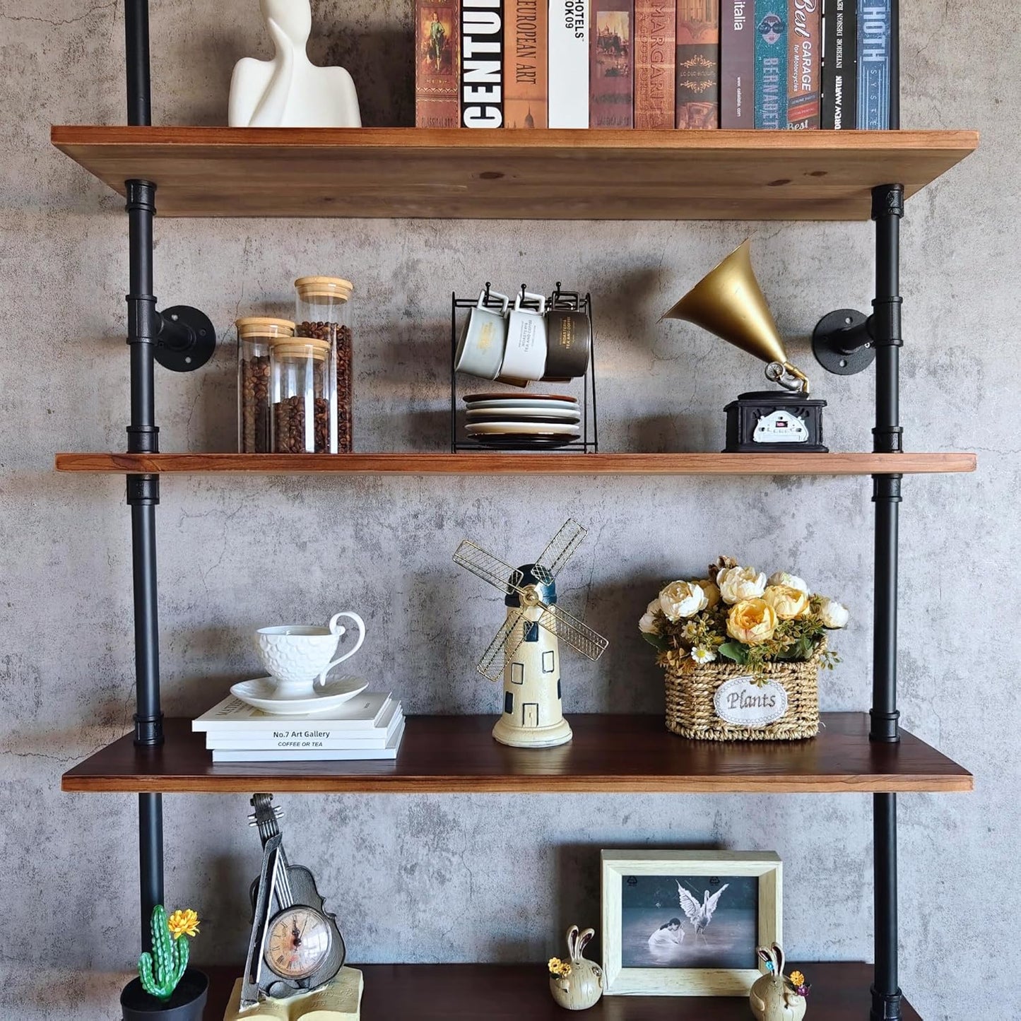 6 Tier Industrial Ladder Shelf Bookcase, Wall Mounted Rustic Bookshelf for Living Room Decor and Storage (Walnut Color, 6 Tier - 10" D x 48" W x 82.5" H)
