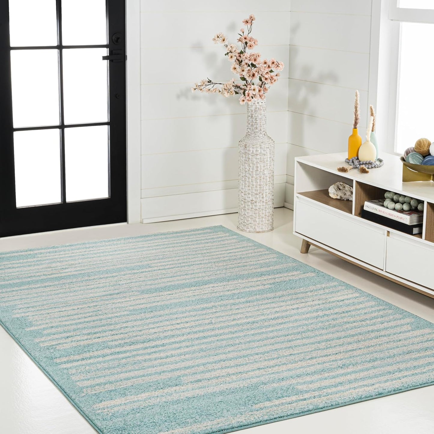 JONATHAN Y Khalil Modern Berber Stripe Turquoise/Cream Indoor Area Rug, 3x5, Contemporary, Bohemian, Easy-Cleaning for Living Room, Bedroom, Kitchen, Pet Friendly, Non-Shedding (MOH207D-3)