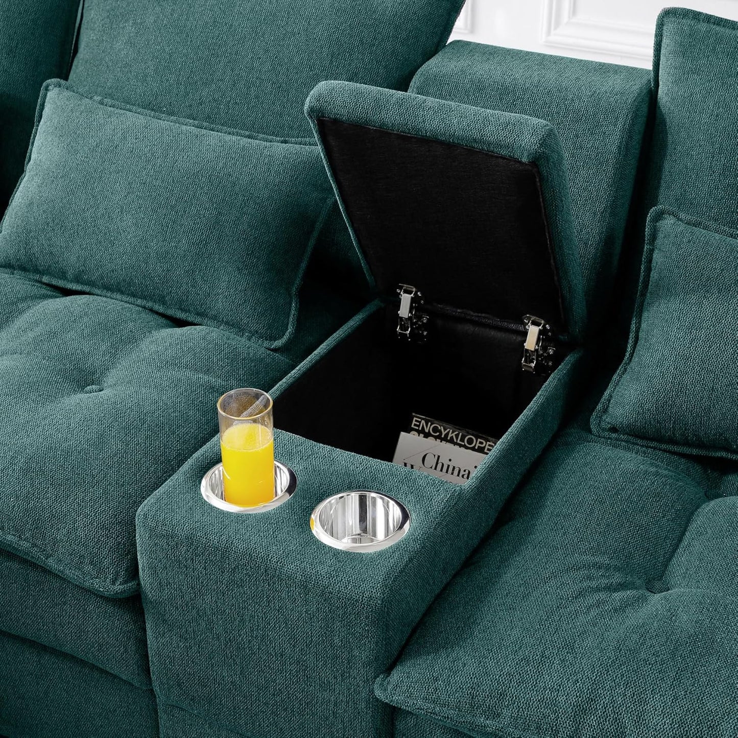 KEIKI 130" U-Shaped 6 seat Sofa with Storage Console, Cup Holders, Upholstered Sectional Sofa, Button Tufted Cloud Cushion Couch for Home, Office, Apartment, Green